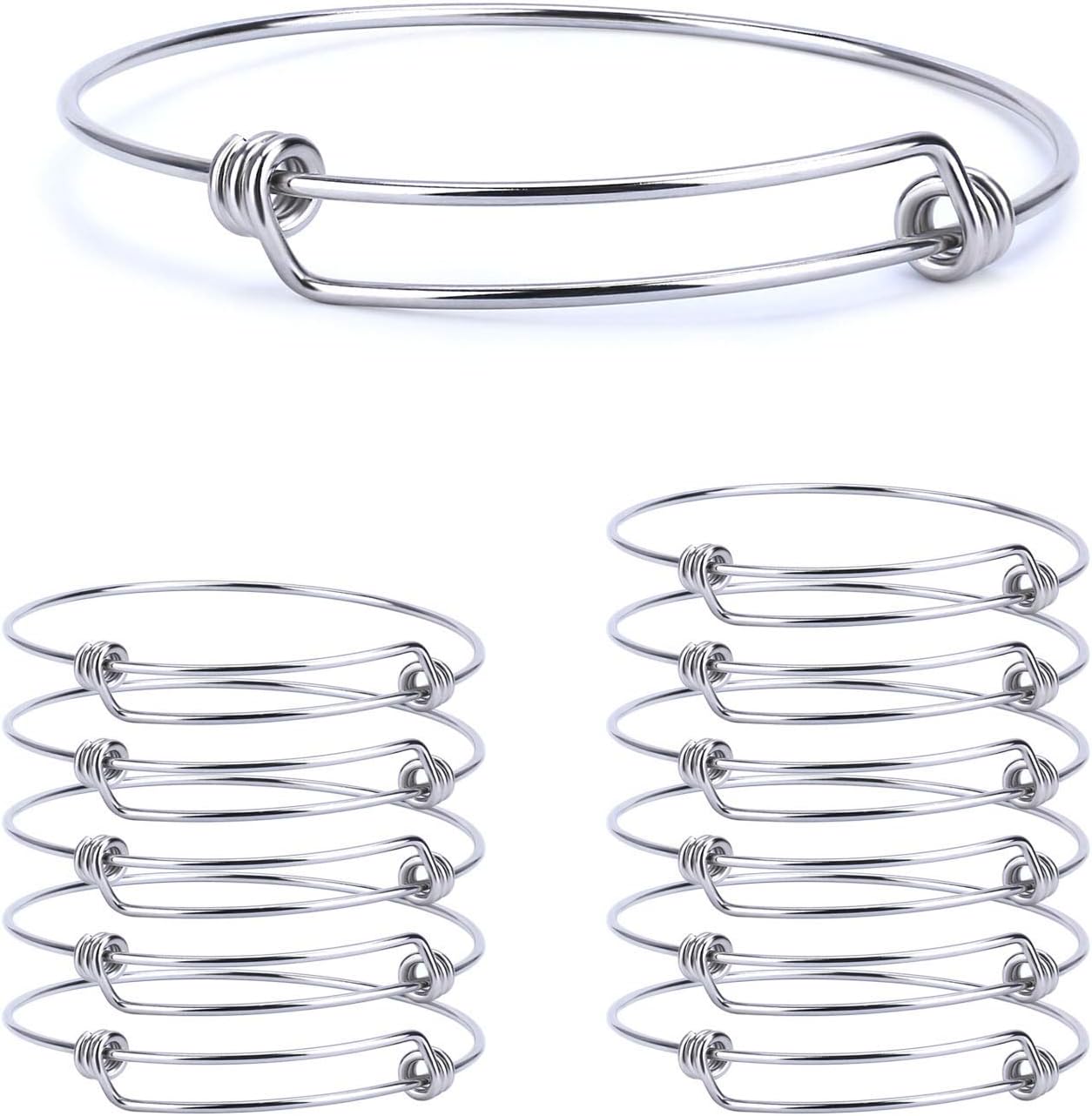 Silver Bangle Bracelets Hypoallergenic 12 PCS Adjustable Wire Bangles Set