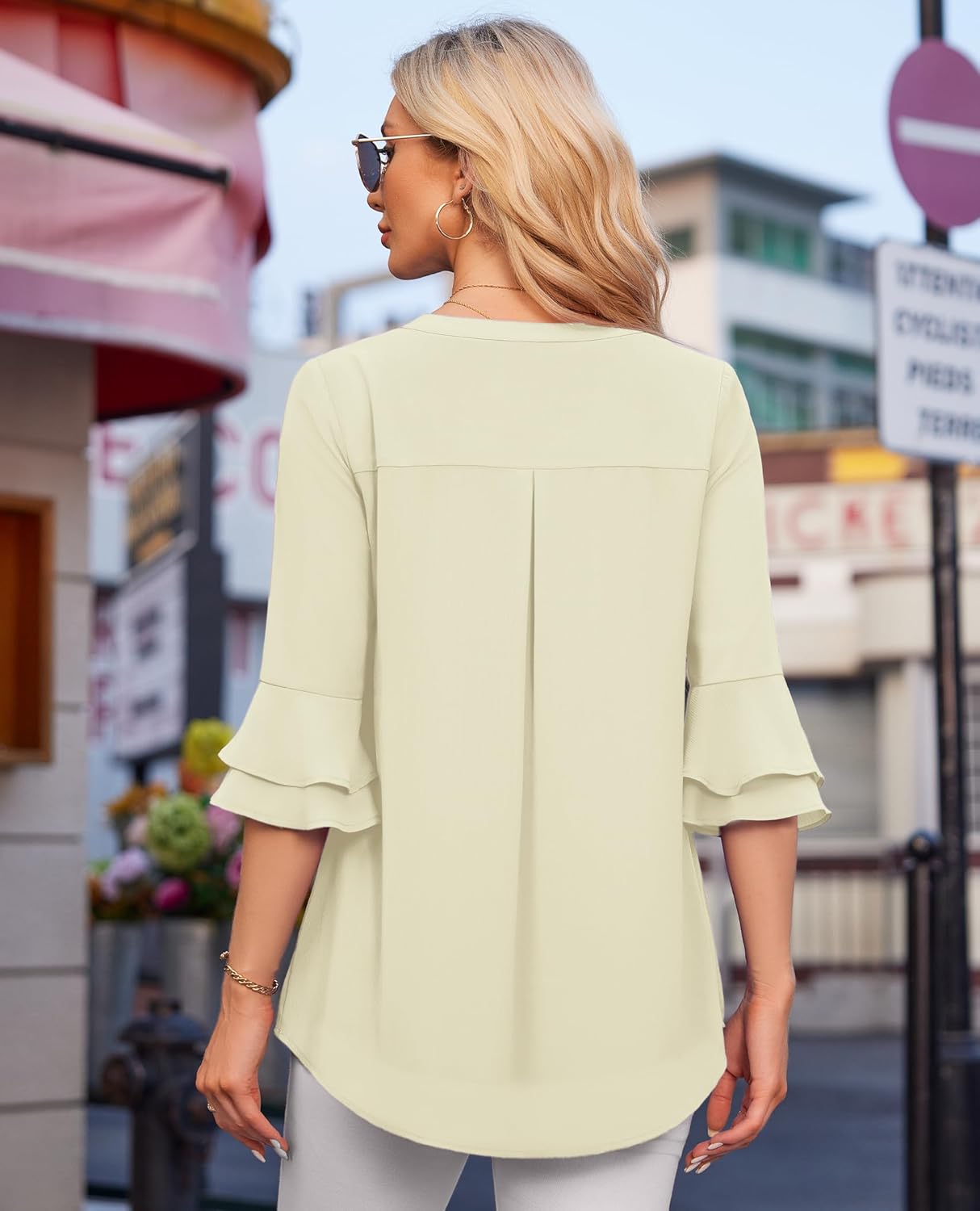 Flutter 3/4 Length Sleeve Womens Tops Dressy Casual Chiffon Blouse Double Layer Business Work Tunic Shirts - Image 4