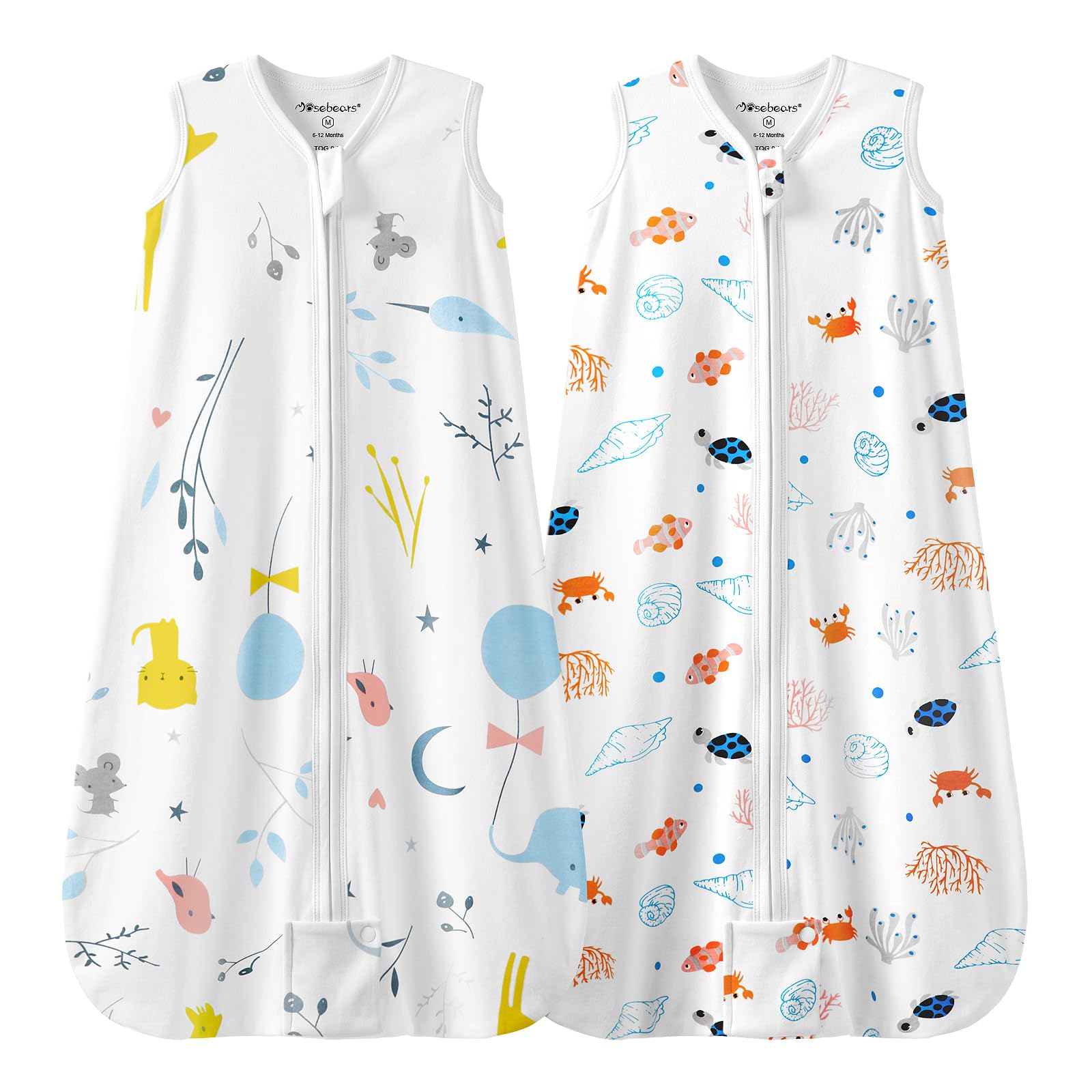 Mosebears Sacco nanna Estivo per Bambini, 0,5 Tog 100% Cotone Traspirante (2 confezioni Animal, L (12-18 mesi))