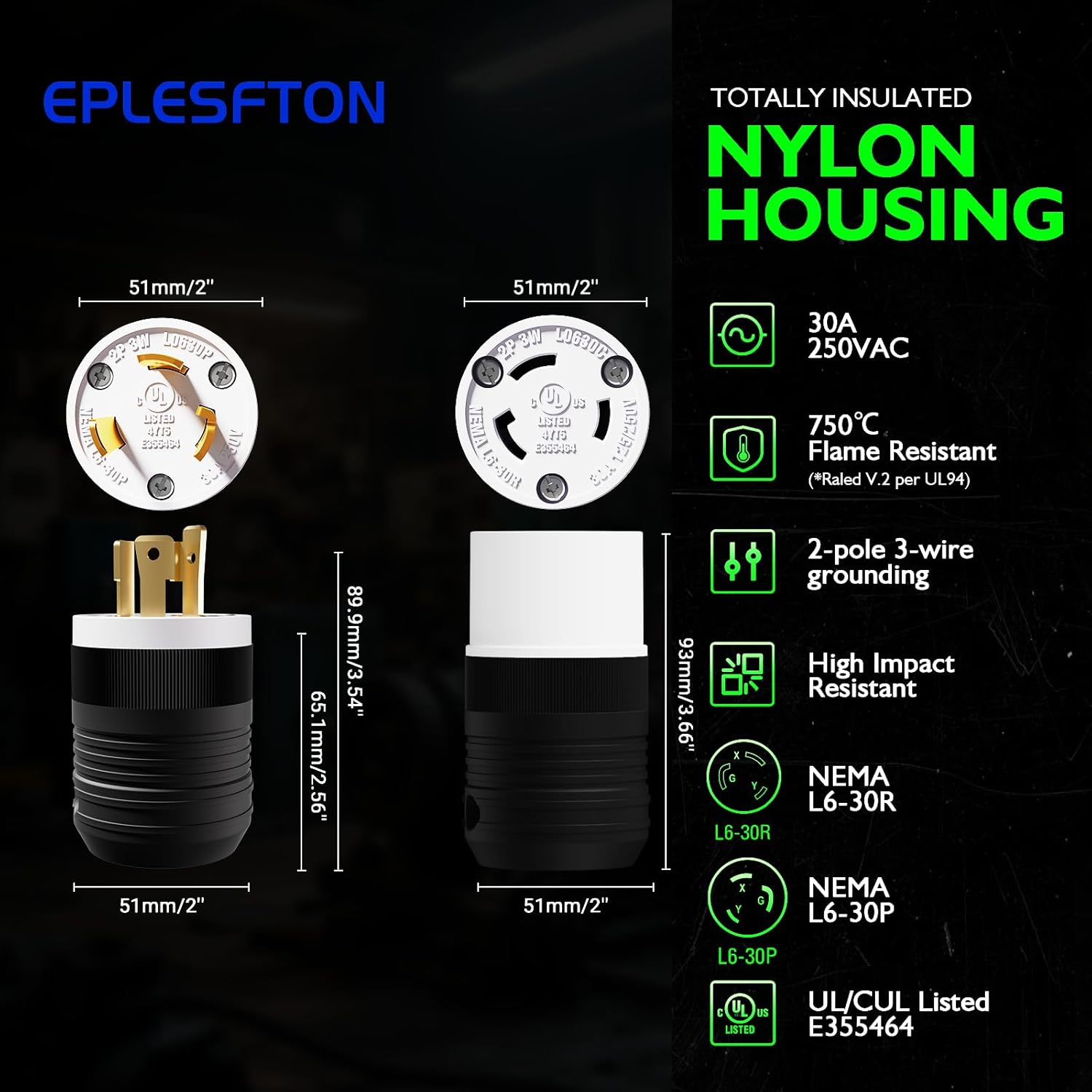 2 Set NEMA L6-30P and NEMA L6-30R Locking Plug and Connector, Generator Twist Lock Plug Adapter, 30 Amp 250V 2 Pole 3 Wire Grounding, Industrial Grade Heavy Duty, UL Listed E355464