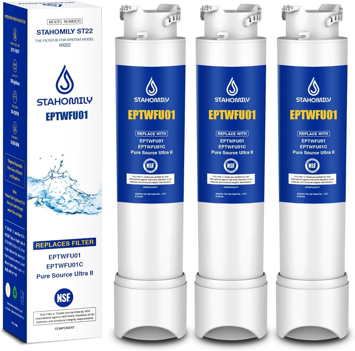 EPTWFU01 Water Filter Replacement – Compatible with Frigidaire EPTWFU01, Pure Source Ultra 2, EWF02, SCWFTCTO, 1012505454226, 4562222 Water Filter Replacement, 3 Pack