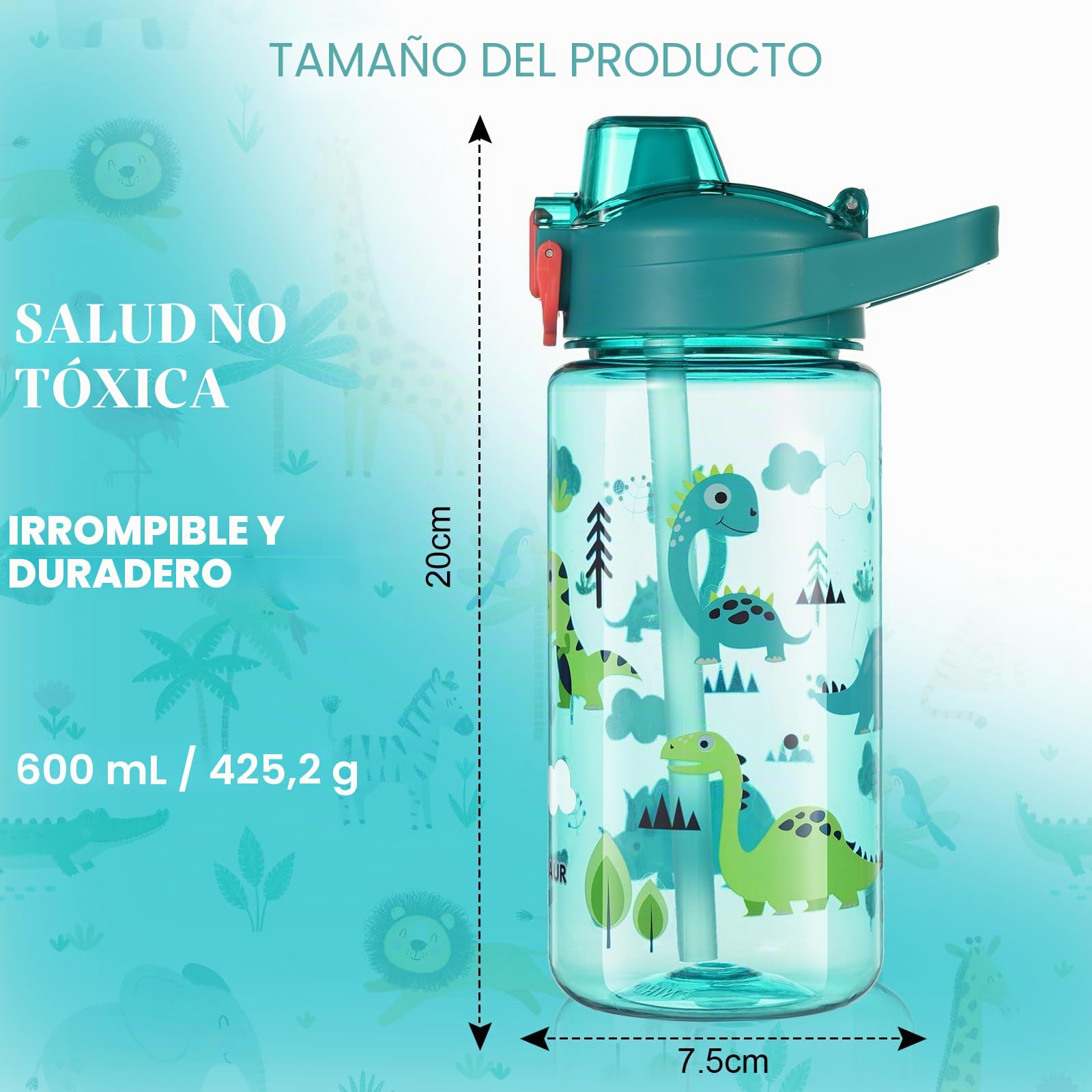 flintronic Botella de Agua Niños y Niñas, Niños Botellas Agua, Botella de Agua Pajita para Infantil, Sin BPA, Sin Fugas, Reutilizable, 600ml, Plástico -dinosaurio azul