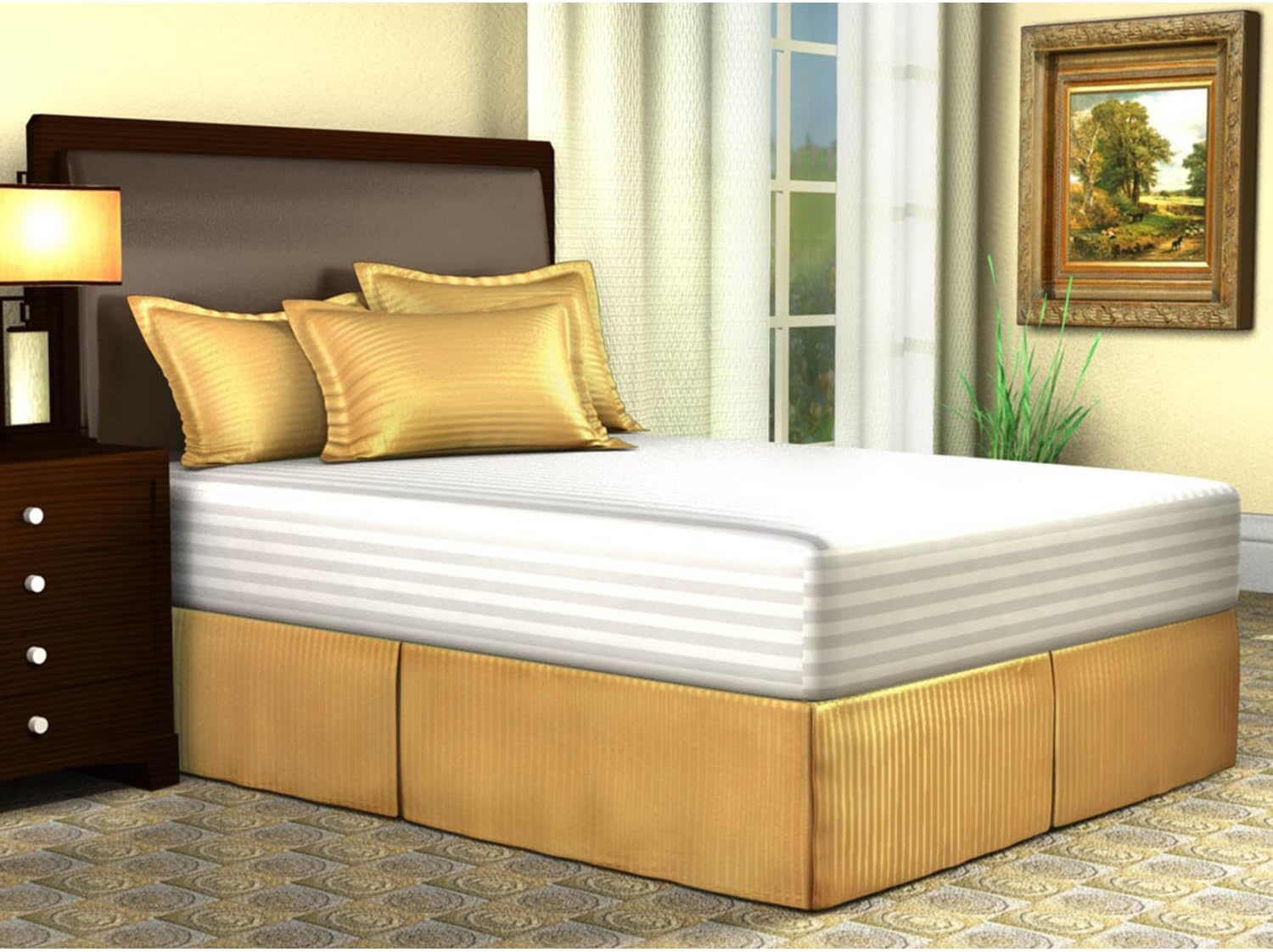 Gold Bed Skirt Full XL Bed Skirt 18 Inch Drop, Tailored / Pleated Striped Bedskirt