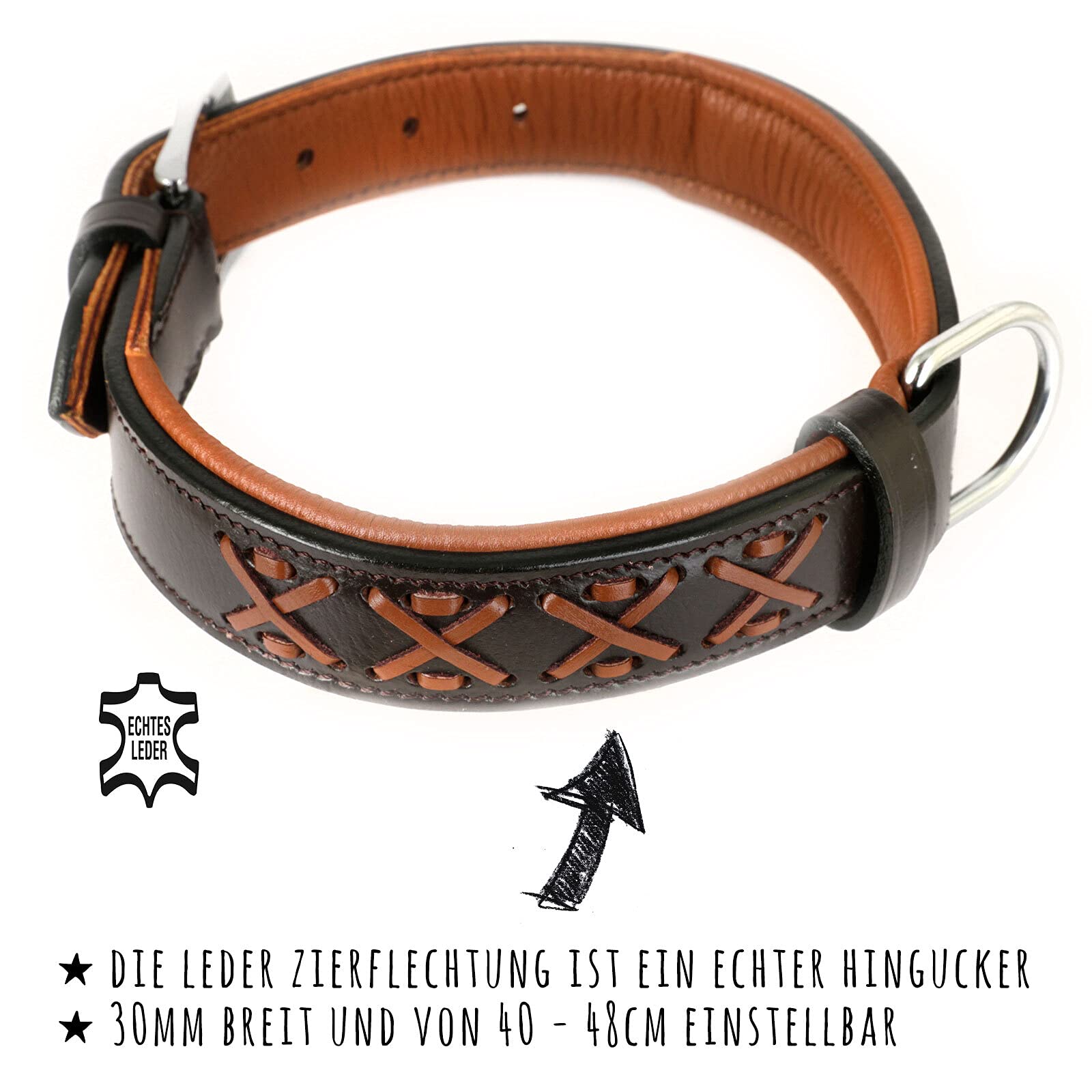 MONKIMAU Hundehalsband - Halsband für Hunde echt Leder gepolstert verstellbar geflochten (M-L: 30mm x 60cm)
