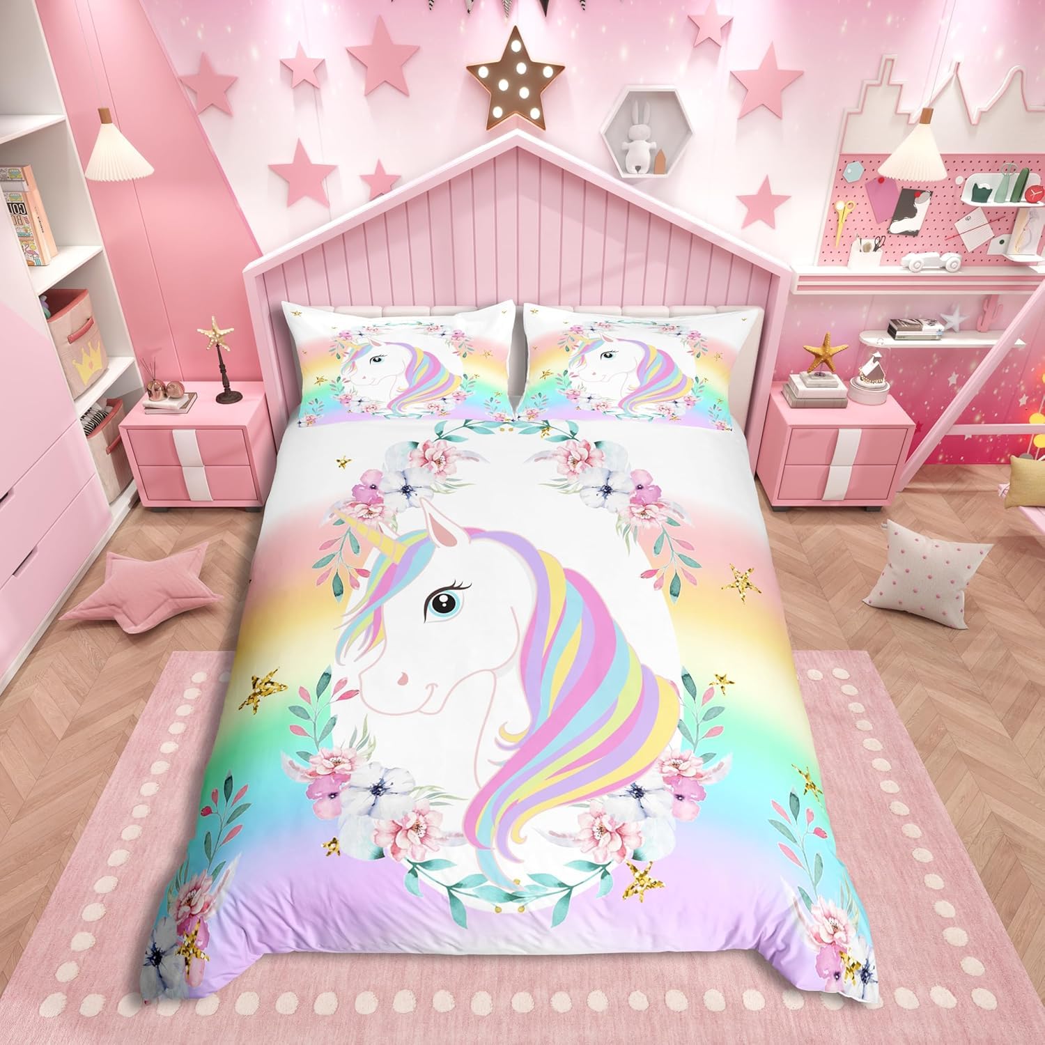 richhome Dream Unicorn Girl Bedding Set King Size Seven Colors Flower Ornament Horse Duvet Cover Set Unicorn Animals Comforter Cover Set Children Teenagers Women Sweet Bow-in-Sky — image 1