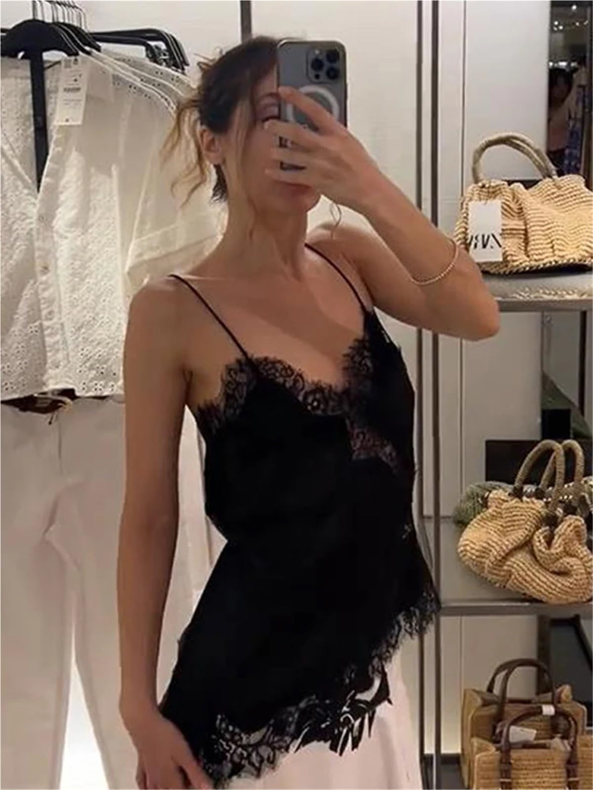 Camisola De Seda Top de Encaje Liso con Tirantes for Mujer, sin Mangas, Retazos, Irregular, Elegante, Informal, for Vacaciones Verano