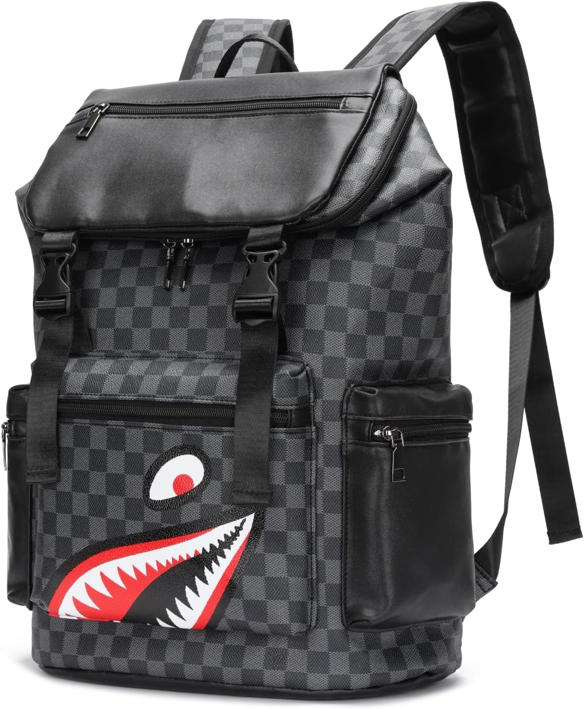 Leather laptop backpack, PU leather backpack Men Women, casual backpack, water-resistant, for daily commuting, work travel (Black-L)