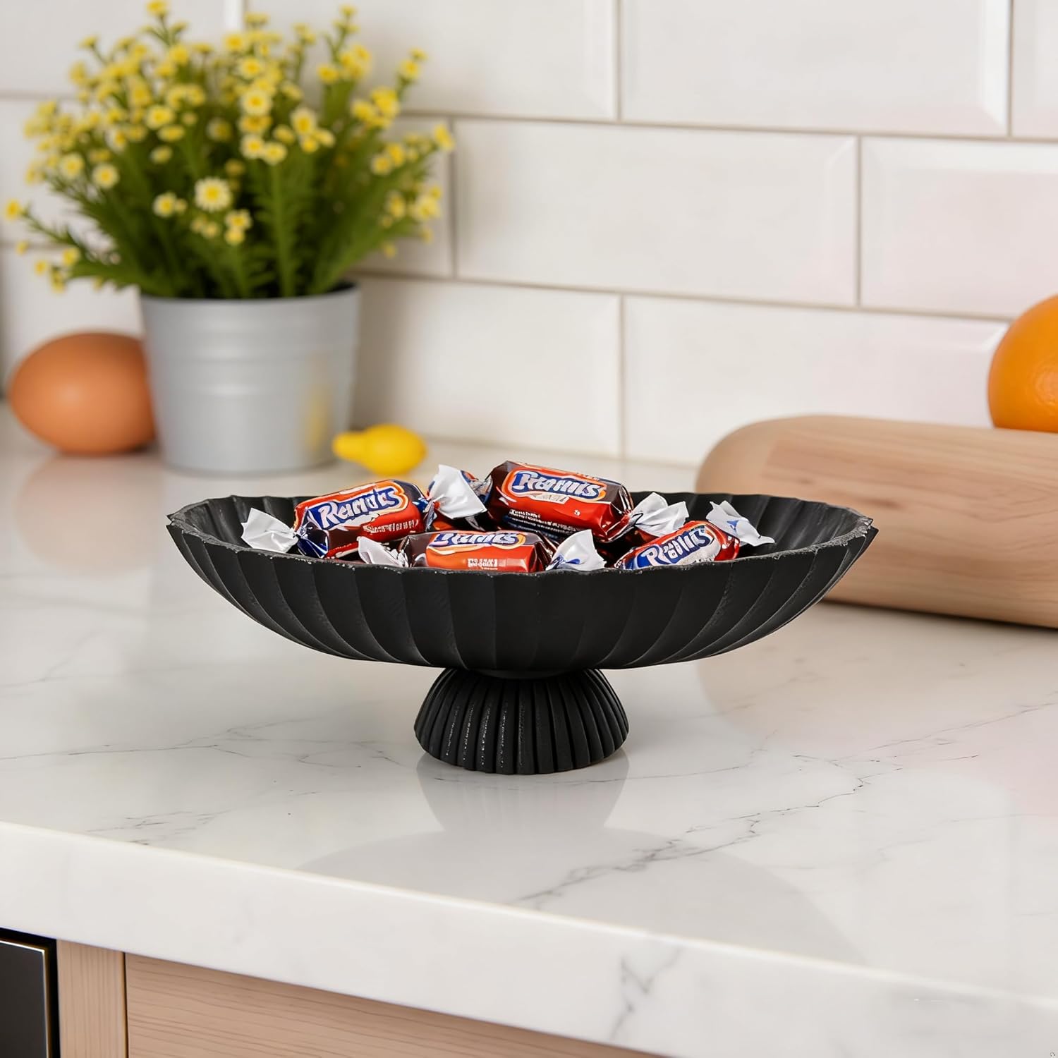 14.5" Large Decorative Long Bowl - Black Fluted Scalloped Decorative Bowls for Home Decor - Ruffle Decor,Stylish Key Bowl for Entry Table,Decorative Fruit Bowls for Kitchen Counter