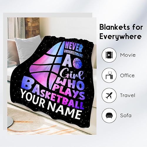 Miniatura 4 de Manta de baloncesto personalizada con nombre, manta deportiva de 50 x 60 pulgadas para niñas, mantas de felpa suave color morado para cama, sofá