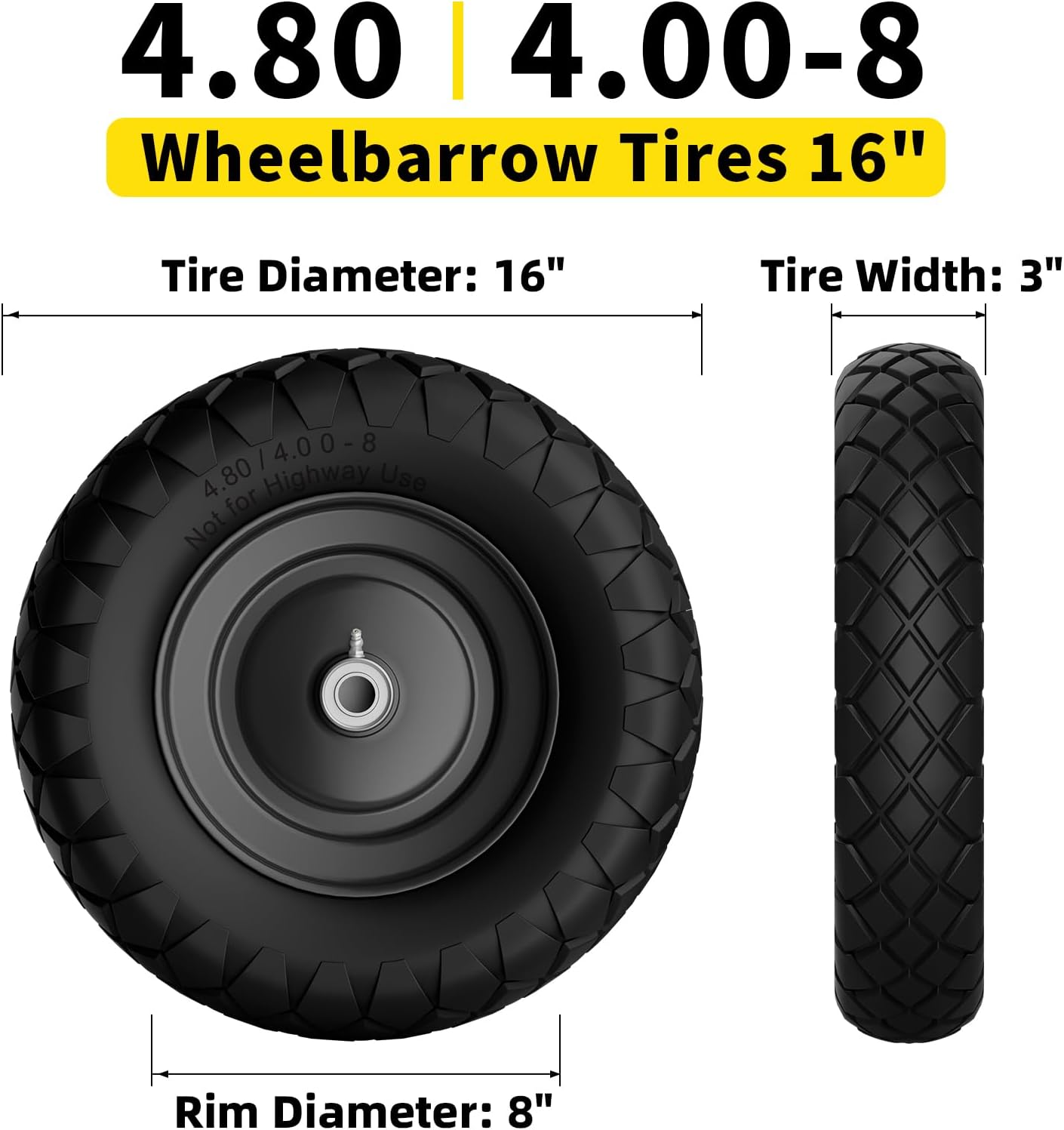 4.80/4.00-8 Flat Free Wheelbarrow Tire and Wheel, 16" Solid Puncture Proof Replacement Tires with 5/8" & 3/4" Bearings, 400Lbs Load, Universal Fit for Garden, Farm & Construction, 1Pack Black - Image 2