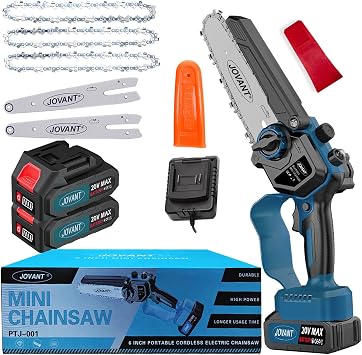6 Inch Cordless Chainsaw Battery Powered Hand-held Lightweight Tree Branches and Wood Pruning Power Tools, Portable Mini Chain saw for home, garden and outdoor use with 2 * 4000mAh Batteries