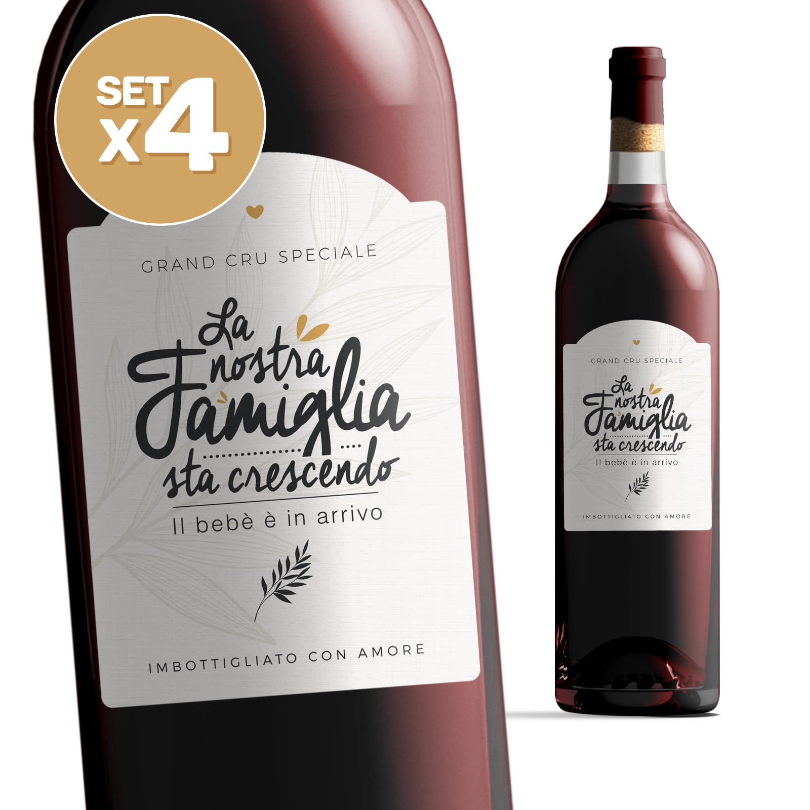 Manahia - LOTTO DI 4 Etichette bottiglia gravidanza | La nostra famiglia sta crescendo, il bebè è in arrivo | Annuncio nascita, etichetta vino, sorpresa gravidanza, regalo originale annunciare nascita