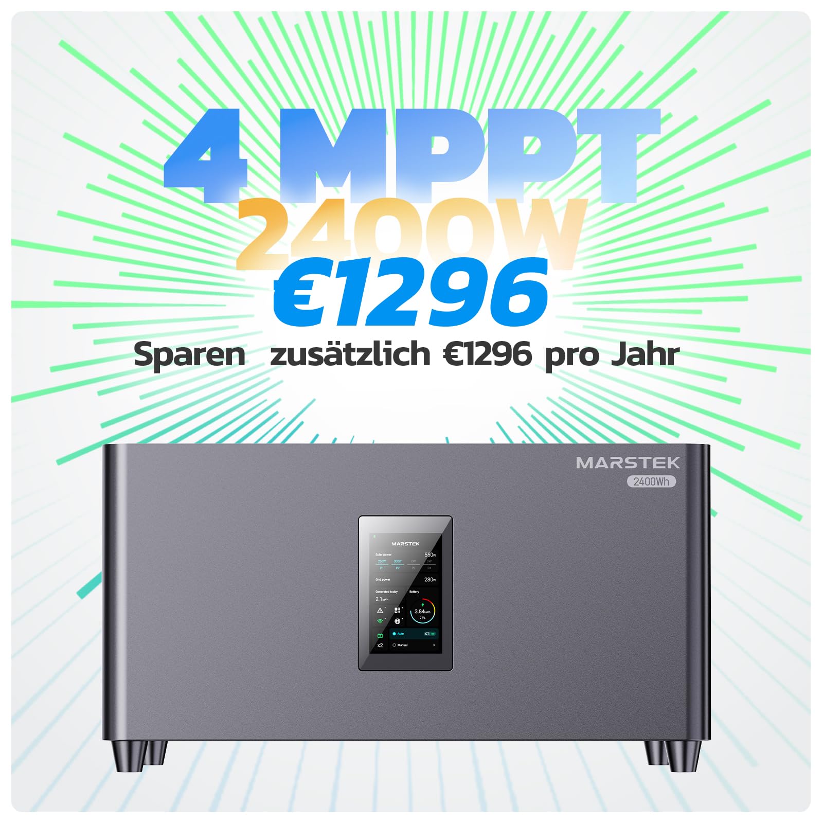 MARSTEK Centrale elettrica da balcone all-in-one con accumulo, 4 MPPT ingresso solare 2400W, capacità batteria 2,56kWh, 6000 cicli di ricarica, batteria LFP, con APP, Plug&Play, 0% IVA (Jupiter C Plus