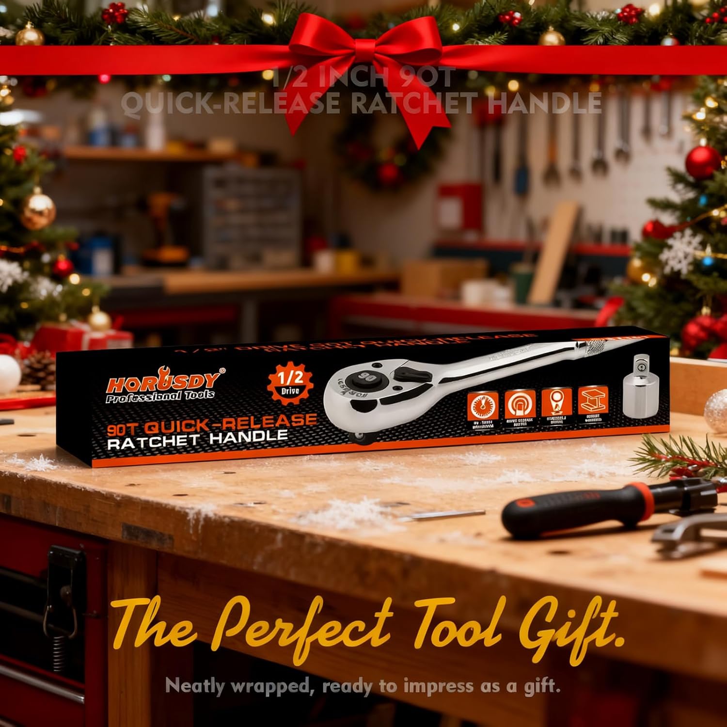 HORUSDY 1/2" Drive 90T Quick-Release Ratchet Handle, Reversible Chrome Alloy Socket Wrench with 1/2" to 3/8" Adapter, Durable and Comfortable for Automotive, DIY, Industrial and Bicycle Repairs