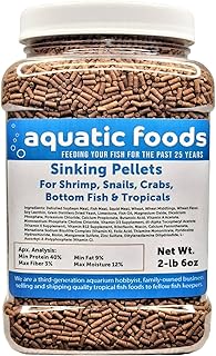 Aquatic Foods Inc. Shrimp Pellets, 40% Protein Sinking 1/16" x 3/8" Pellets for Shrimp, Snails, Crabs, Catfish, Plecos for All Tropical Fish, by Zeigler…2-lb 6oz Med Jar