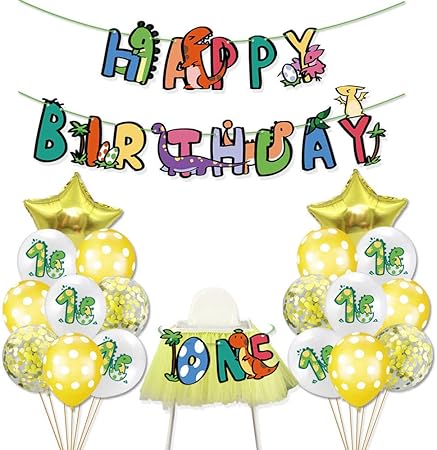 Amazon Co Jp 恐竜 誕生日 飾り付け パーティー セット 男の子 女の子 子供 可愛い 面白い 動物 Happy Birthday ガーランド バナー バルーン 風船 紙吹雪入れ ダイナソー イエロー スター 19枚セット イエロー おもちゃ