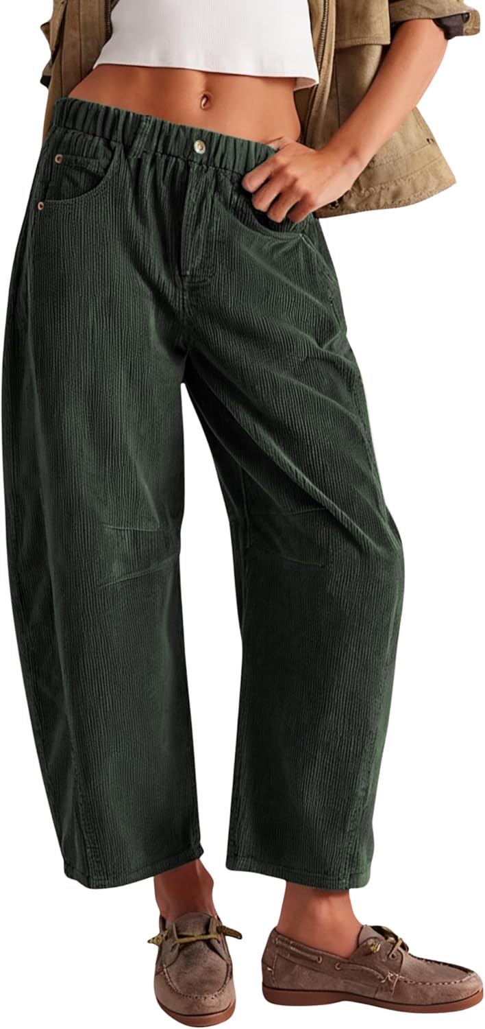 Lviefent Womens Mid Rise Cord Barrel Jeans Casual Baggy Wide Leg Corduroy Cropped Ankle Pants with Pockets