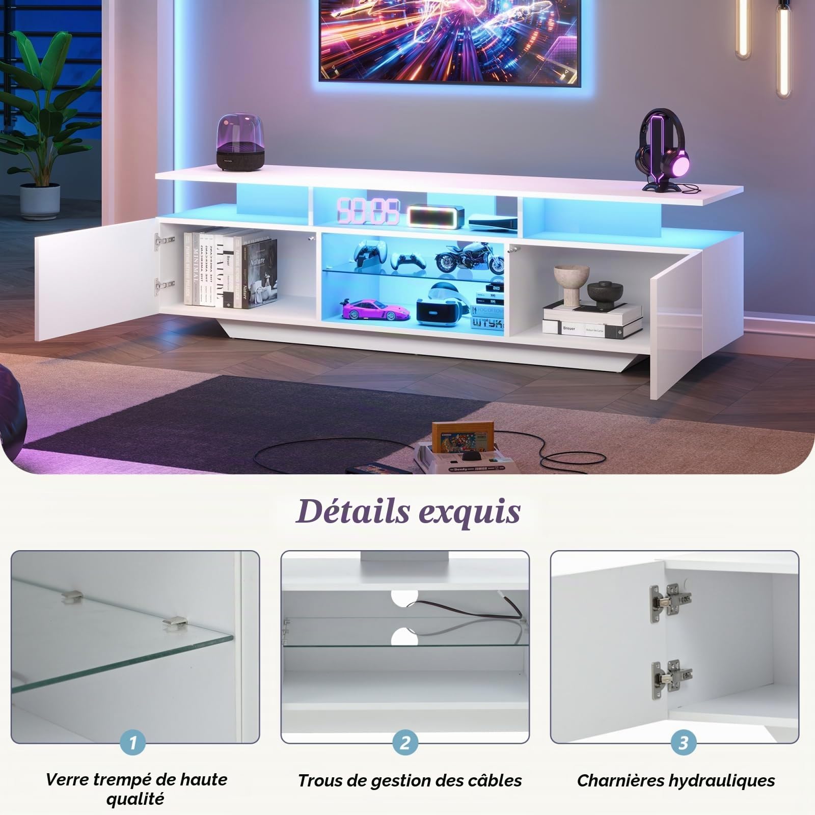 160cm Meuble TV Brillante LED 16 Couleurs et Rangement pour TV 70"