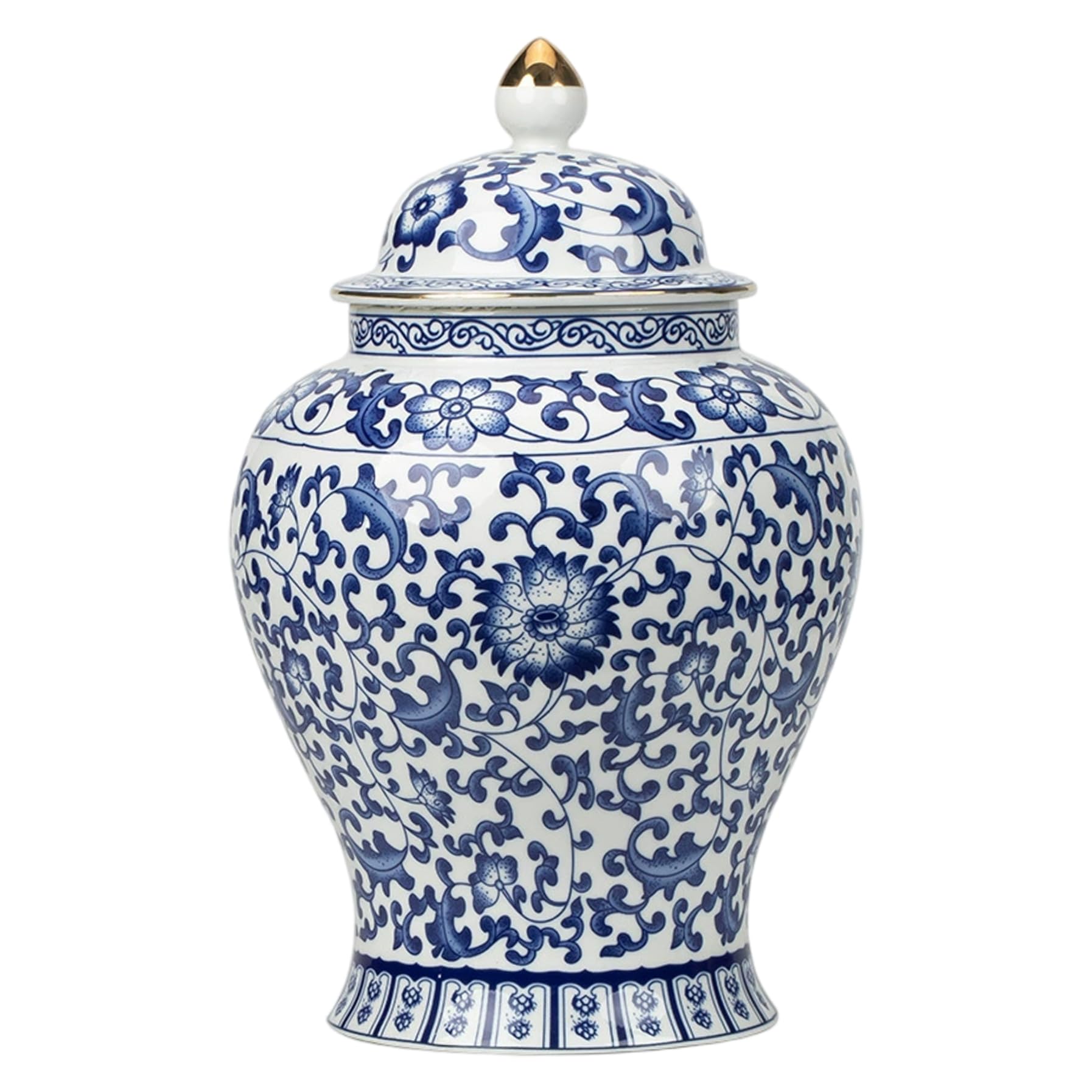Hperu 900Ml Blue and White Ginger Jar, Lotus Design Ceramic Jar with Lid Decorative Sealing Tea Container for Loose Tea Elegant Chinoiserie Decor