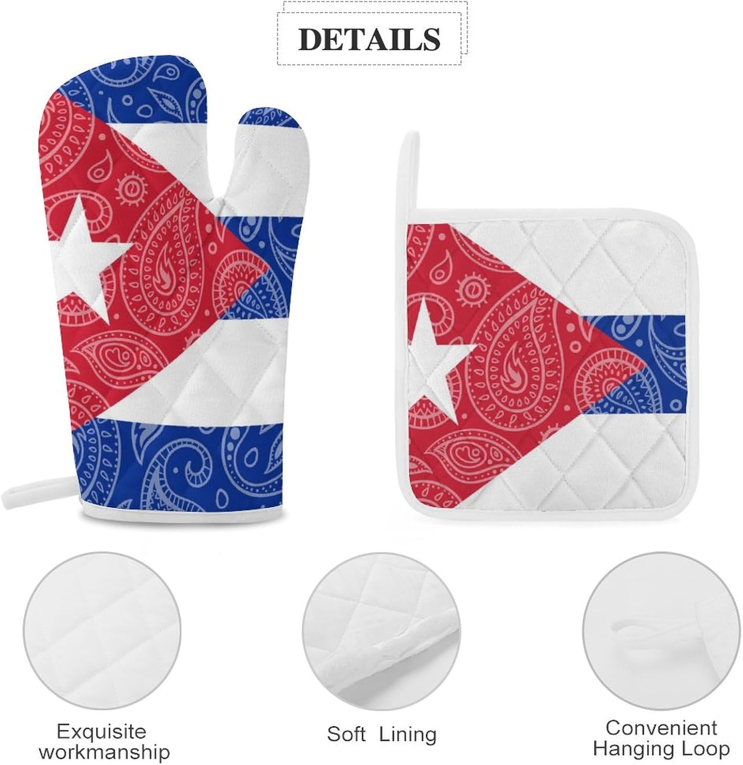 Paisley and Cuban Flag Print Oven Mitts and Pot Holders 3 Piece Sets Heat Resistant Gloves Hot Pads Potholders for Kitchen Baking Cooking