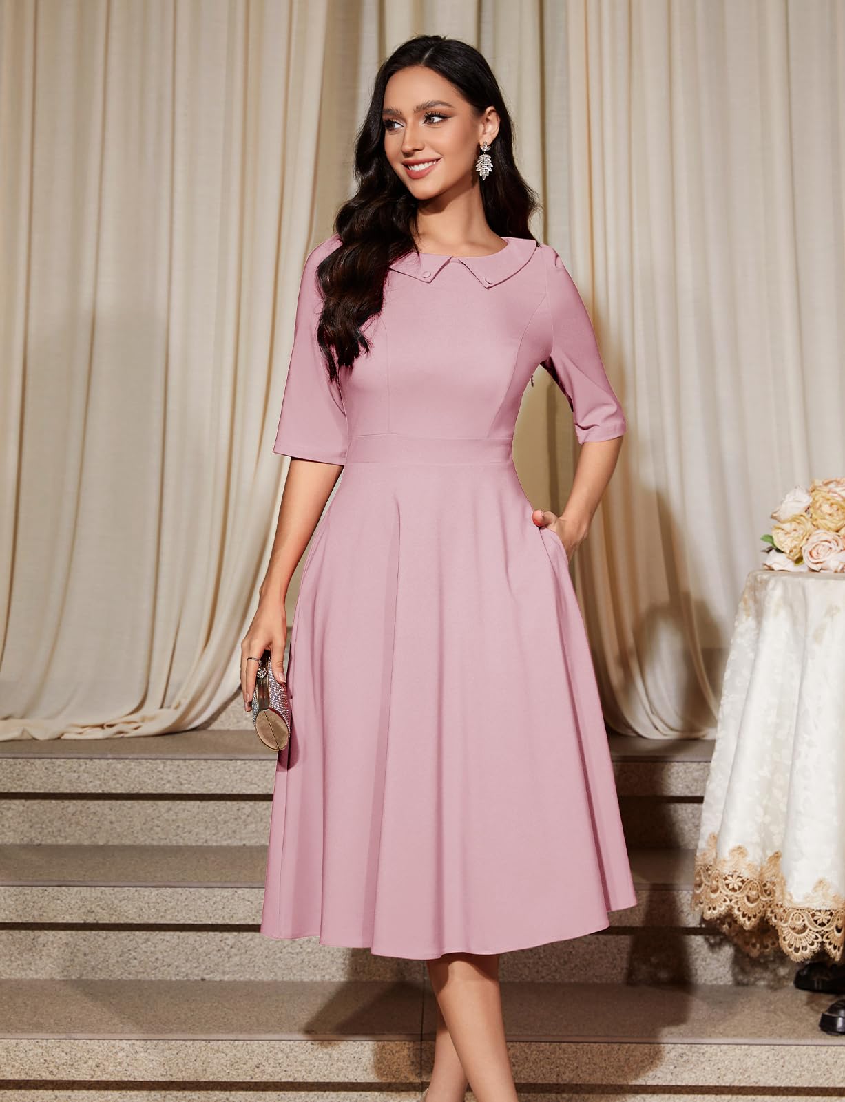 Bbonlinedress Abito da cocktail vintage da donna, formale, autunno, matrimonio, chiesa, a maniche lunghe, colletto alla Peter Pan, abito midi swing