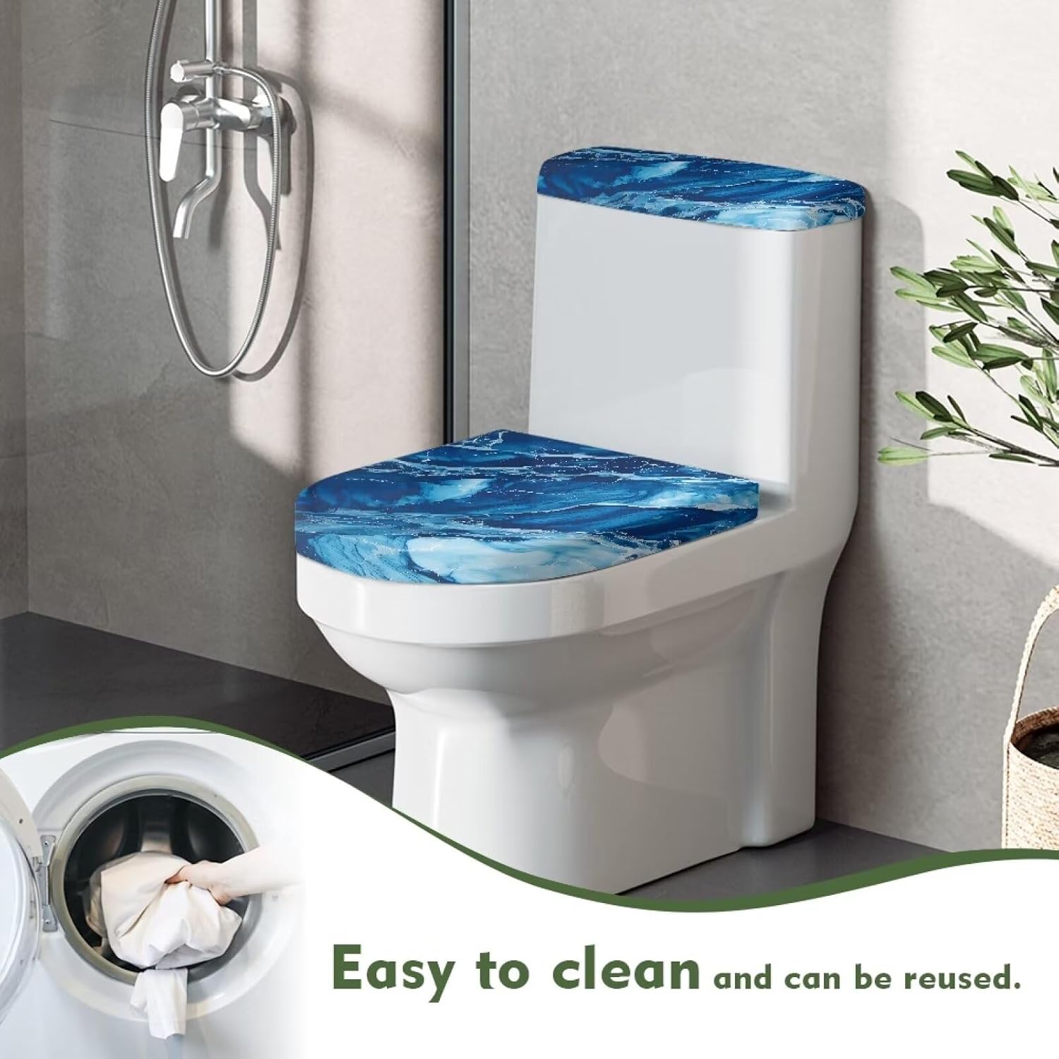 Polyester Toilet Lid Cover and Toilet Tank Lid Cover 2 Pcs, Durable Dust Cover with Elastic Edge Bathroom Decor Fit Most Round Elongated Oblong Lids, Dark Blue Marble Print