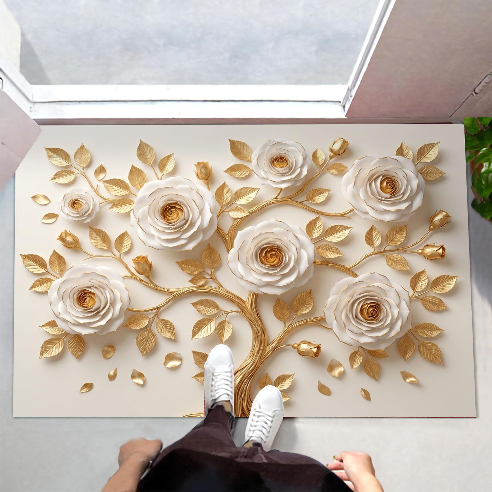 Zerbino Con Rilievo 3D Di Lusso Di Rami D'Albero Di Benvenuto, Tappeto Ingresso Antiscivolo Elegante Rosa Bianca Beige, Tappetino Lavabile Decorazione Per La Casa Per Portico Esterno, 60X90Cm