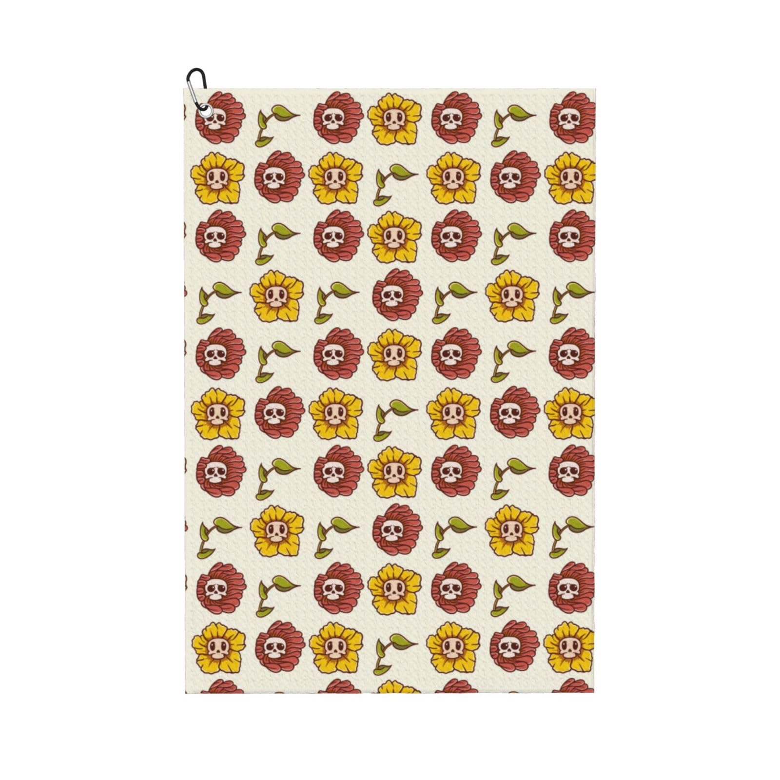 AOOEDM Sunflowers and Skull Print Golf Towel with Carabiner Clip Absorbent Microfiber Golf Towel for Cleaning Golf Ball Club Putter Iron for Golf Bag Trolly Belt Loop 16" X 24"