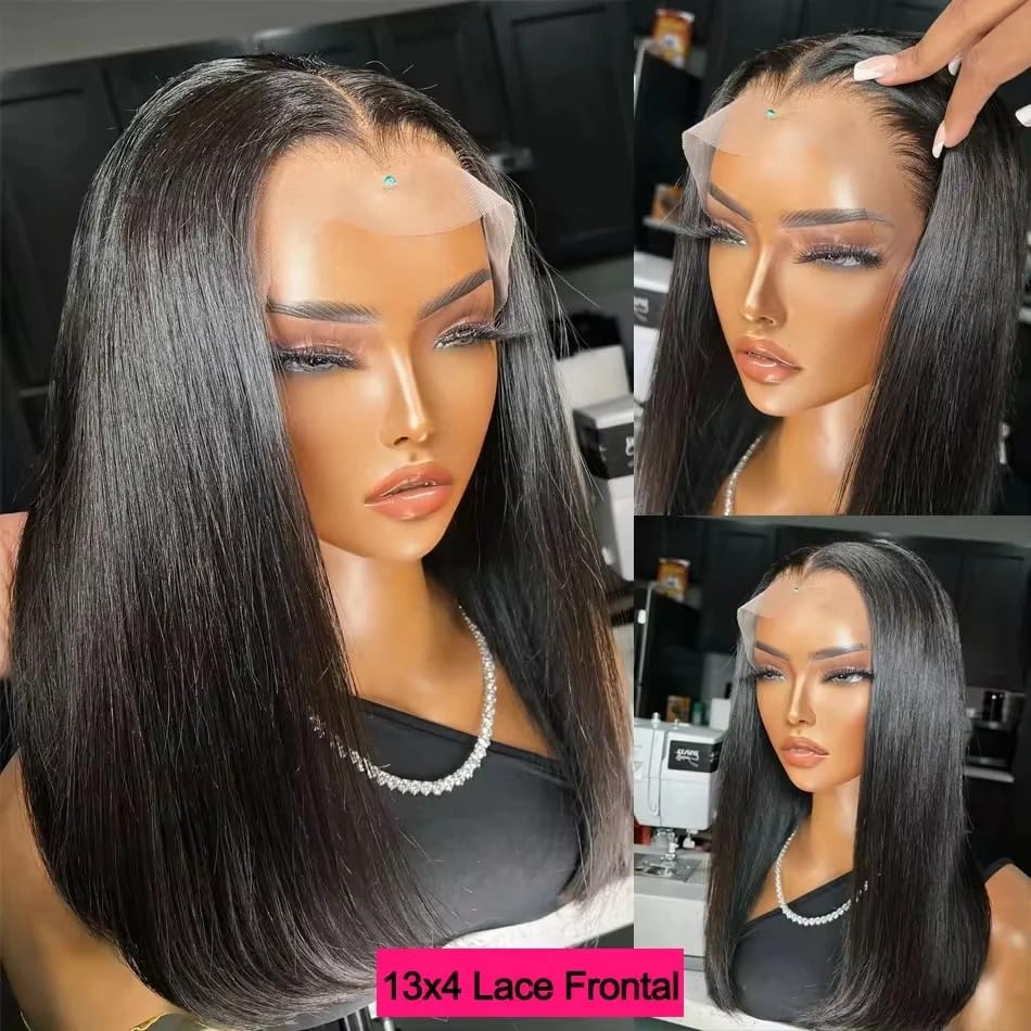 wigs 100% Vietnamese Super Double Drawn Bone Straight 13x4 Frontal Bob Wig with Human Hair Natural Black 180% Density For Black Women hairpiece(NATURAL BLACK_16INCHES)
