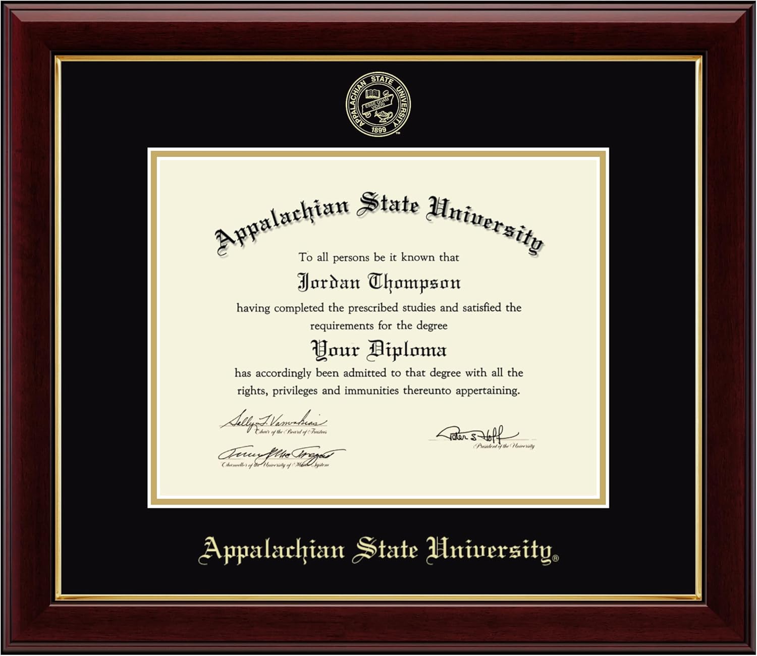 Church Hill Classics - Appalachian State University 11" w x 8.5" h Diploma Frame - Fits a bachelor's, master's and phd - Gold Embossed Diploma Frame - Cherry Moulding with Black and Gold Matting