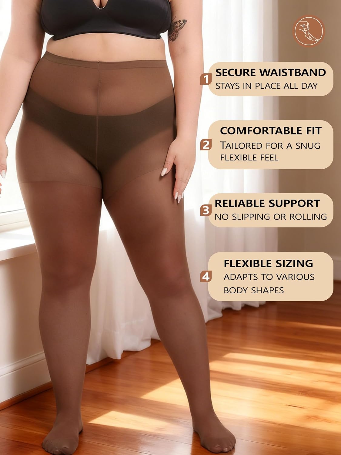 Plus Size Sheer Tights for Women 20D Control Top Pantyhose Soft Stockings with Reinforced Toes 2 Pairs