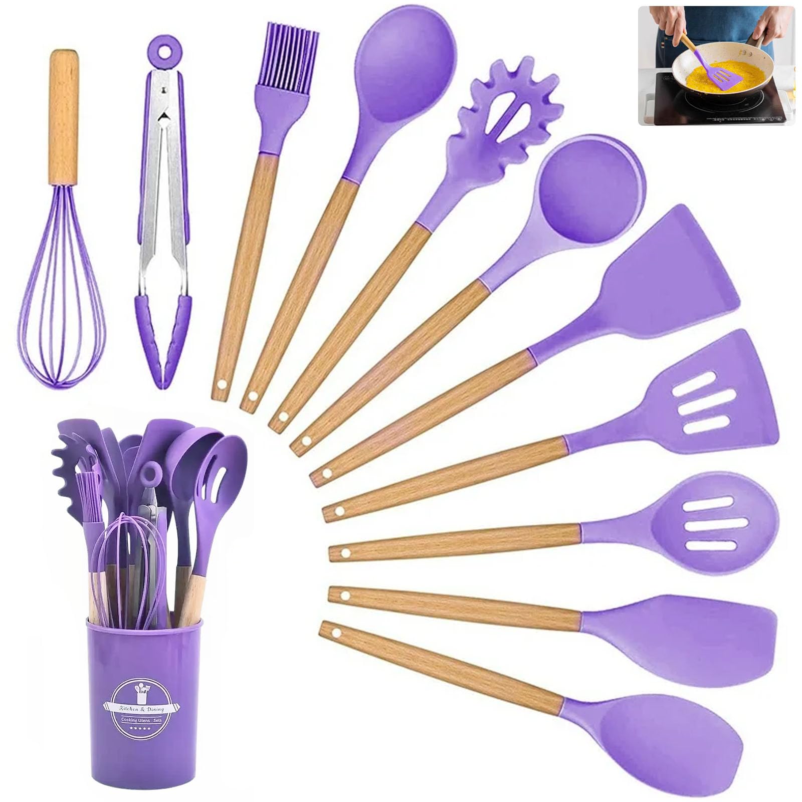 Set di utensili da cucina, 12 pezzi, set di utensili da cucina in silicone con manico in legno, resistenti al calore, antiaderenti, set di utensili da cucina in silicone, adatti per la cucina (viola)