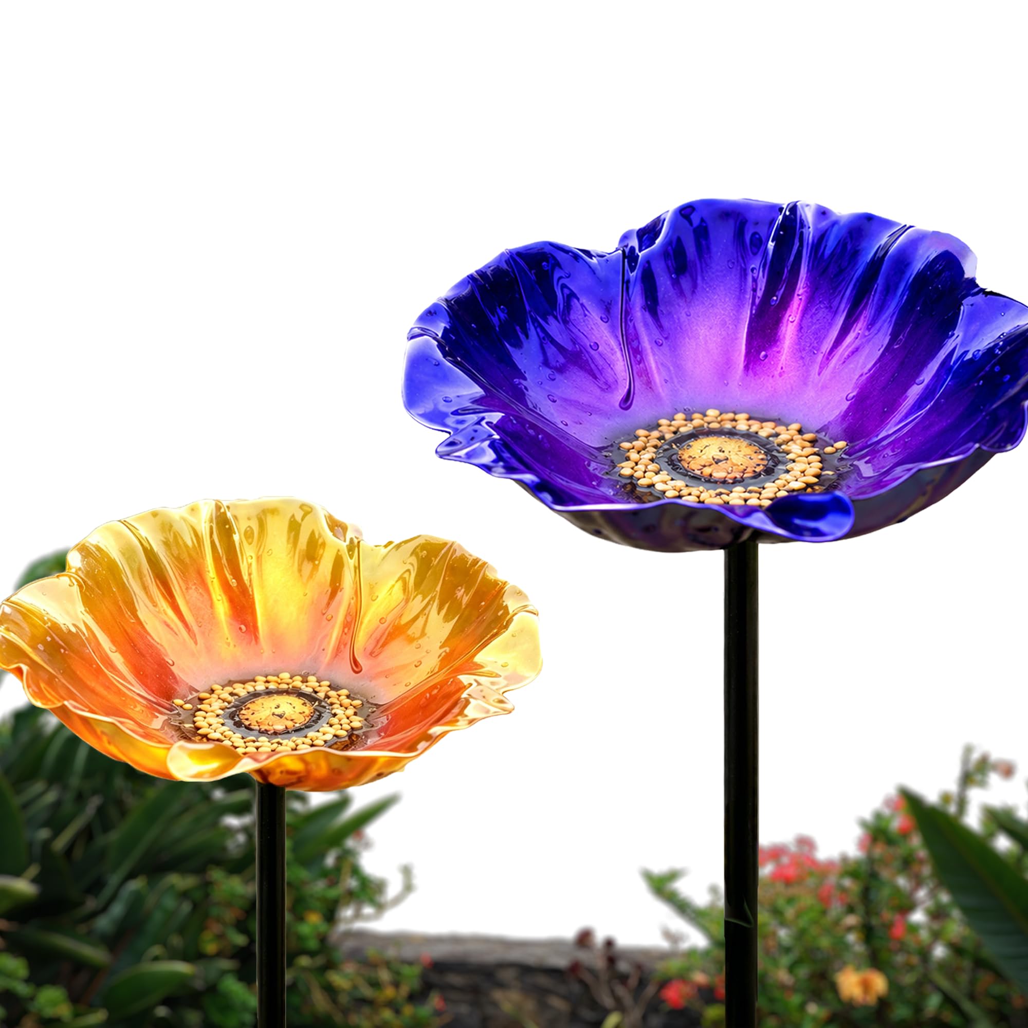 Vogeltränke Blume mit Gartenstecker aus Metall, Ø 5.1 inch,dekorative Bienentränke & Insektentränke für Garten, Balkon und Terrasse, wetterfest, 4 Farben (Lila+Gelb)