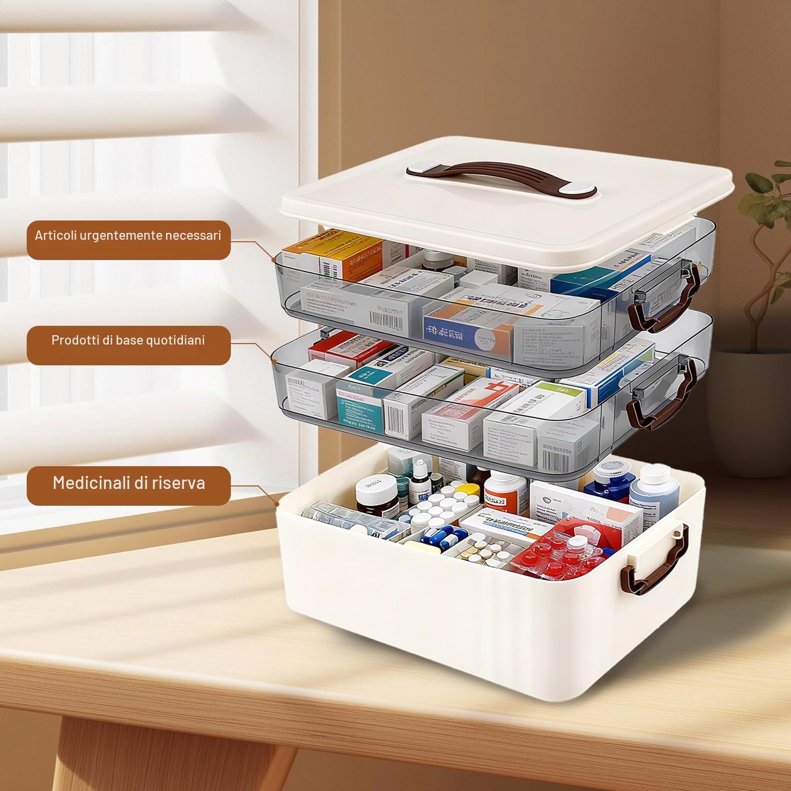 Porta Medicine da Casa, 3 Piani Scatola Porta Medicine, Portatile Scatola per Medicinali con Manico Ergonomico e Coperchio per Medicine, Gadget, Gioielli, Cosmetici (Bianco)