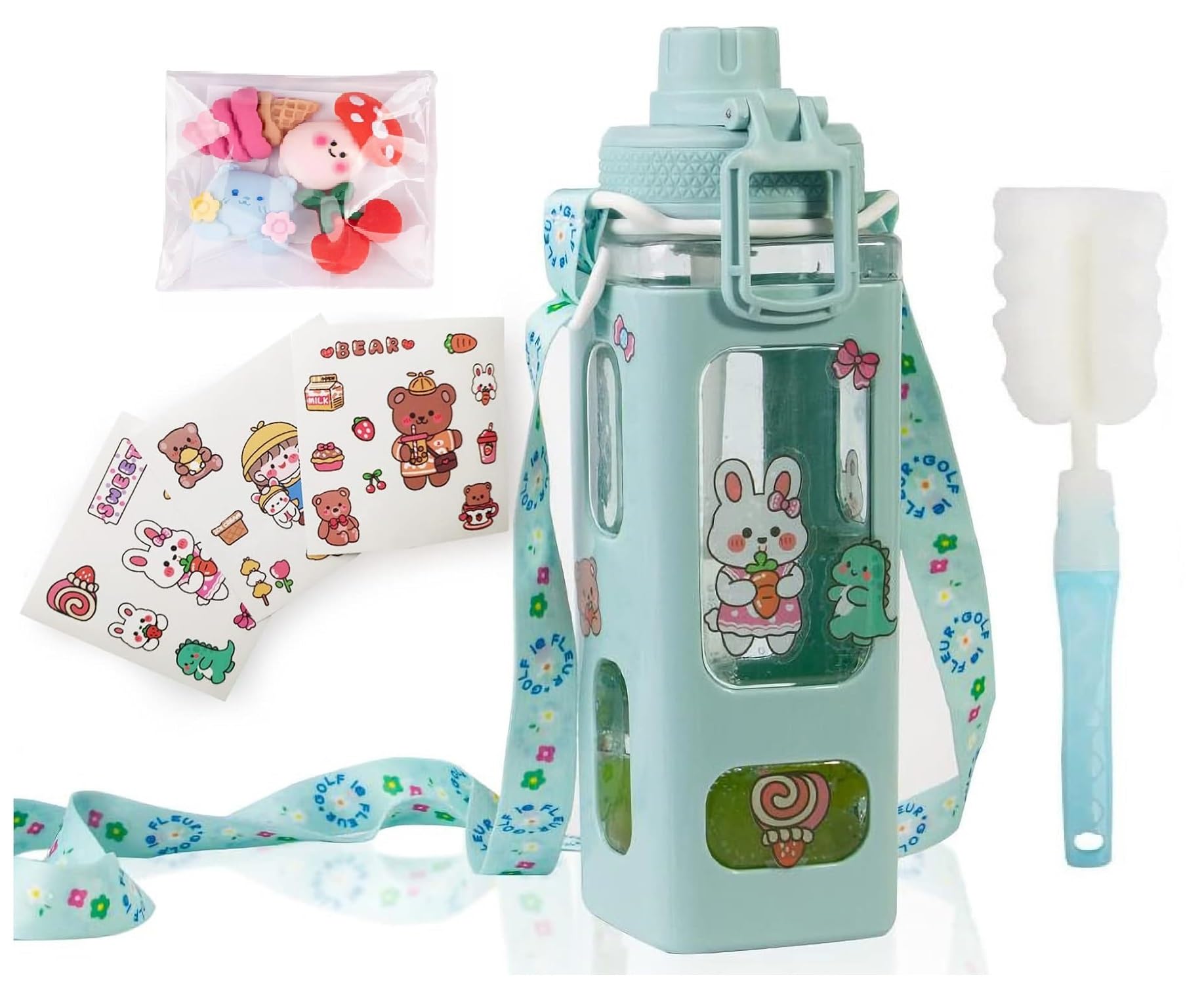 TRK hub® Kawaii Water Bottle for Girls, Cute Kids Water Bottles with Straw, Carton Water Jug Large Square Drinking Bottle, Portable Leakproof Aesthetic Water Cup + 3D Stickers (Green) (B0DFQFCHV7) Amazon Price History, Amazon Price Tracker