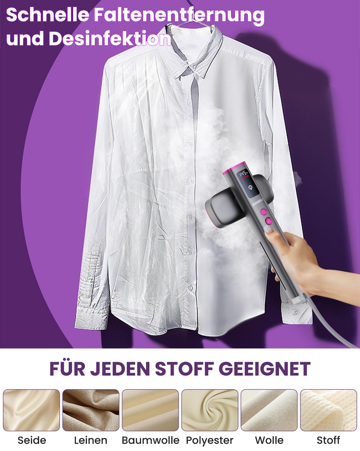 Reise Dampfglätter für Kleidung, 100–220 V Dualspannung Steamer, tragbarer 2-in-1 Handsteamer & Reisebügeleisen, 20s Schnellaufheizung, 4 Dampfmodi mit LED-Display, für weltweite Reisen 560g