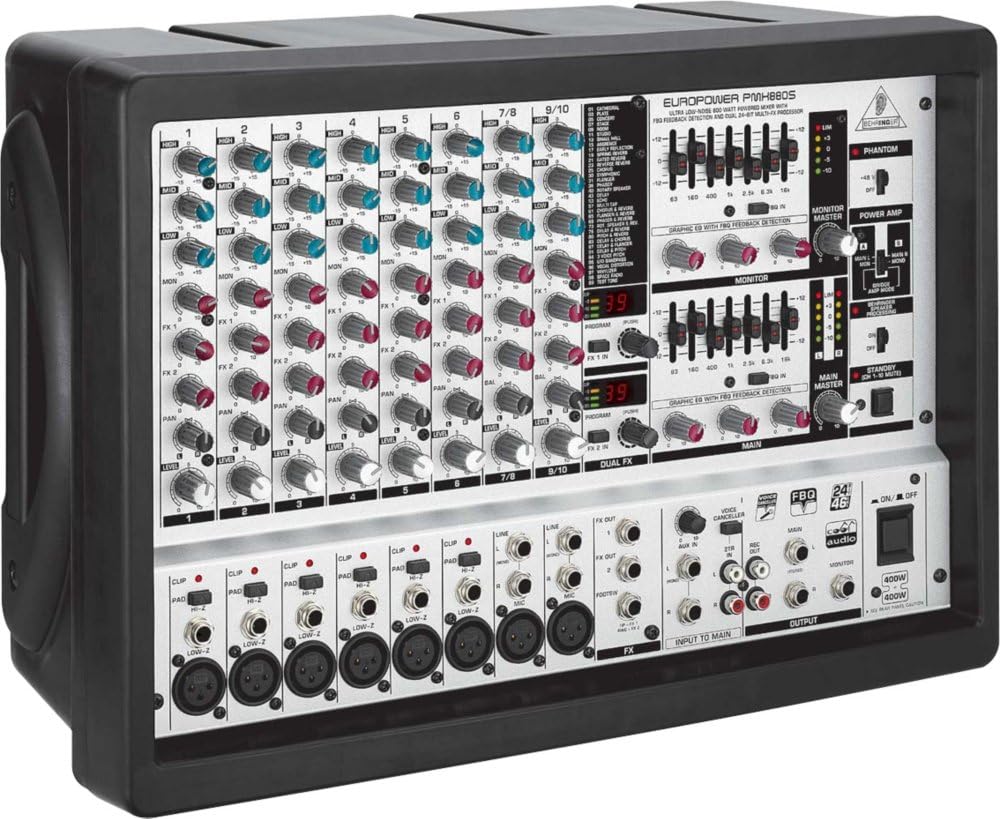 Vinklet view of the Behringer Europower PMH880S Powered Mixer, highlighting the overall design and control layout.