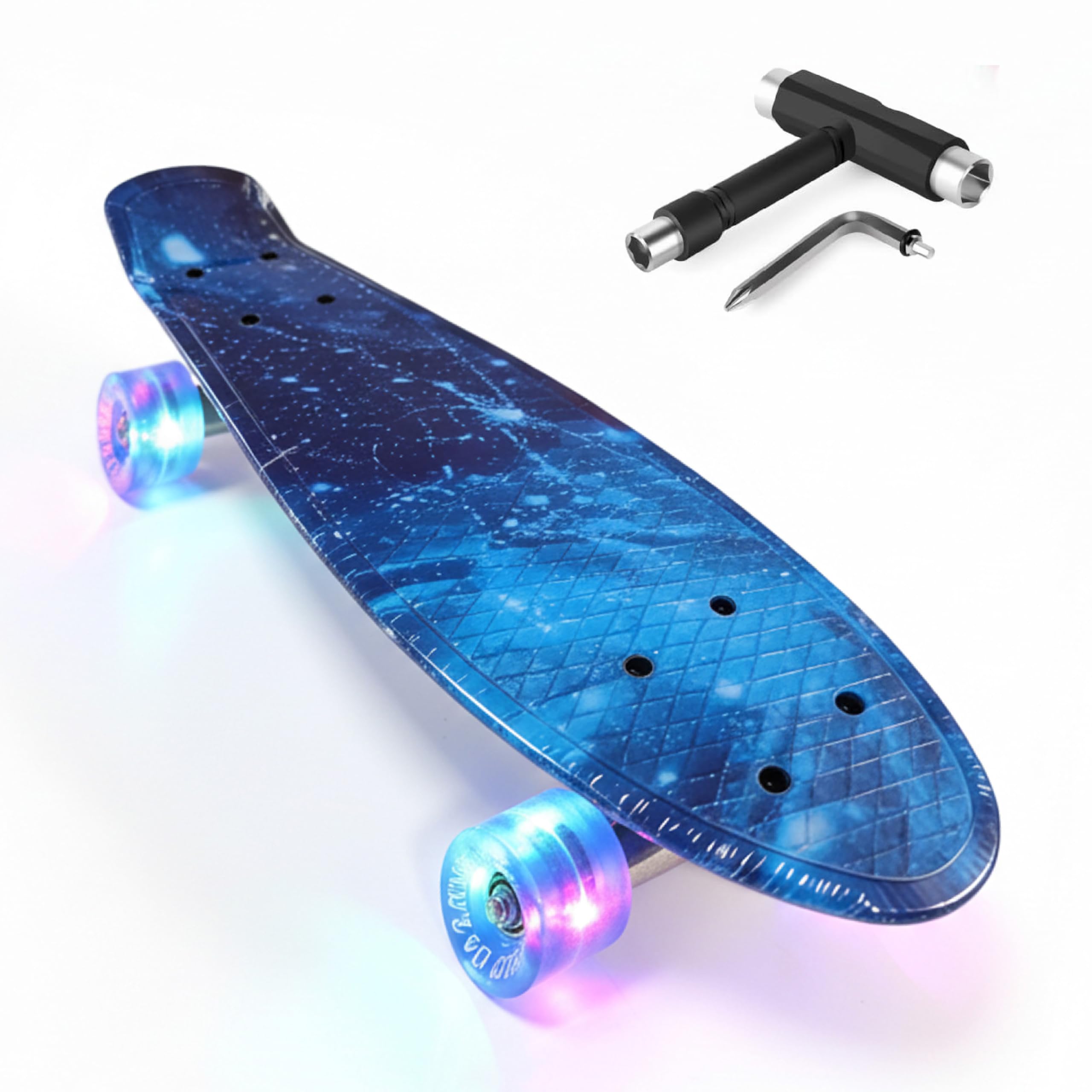 Baroni Toys Skateboard per Bambini dai 3 Anni, Skate Completo con Ruote LED Luminose Senza Batterie, Strumento T-Tool per Regolazione Intergato, 56x14,5x12 cm