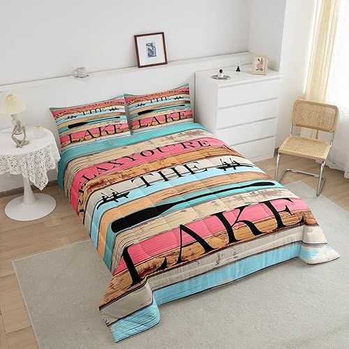 Miniatura 4 de Colorido juego de edredón rústico de casa de lago, tamaño Queen, juego de ropa de cama de madera de granja, para niños, niñas, adolescentes y