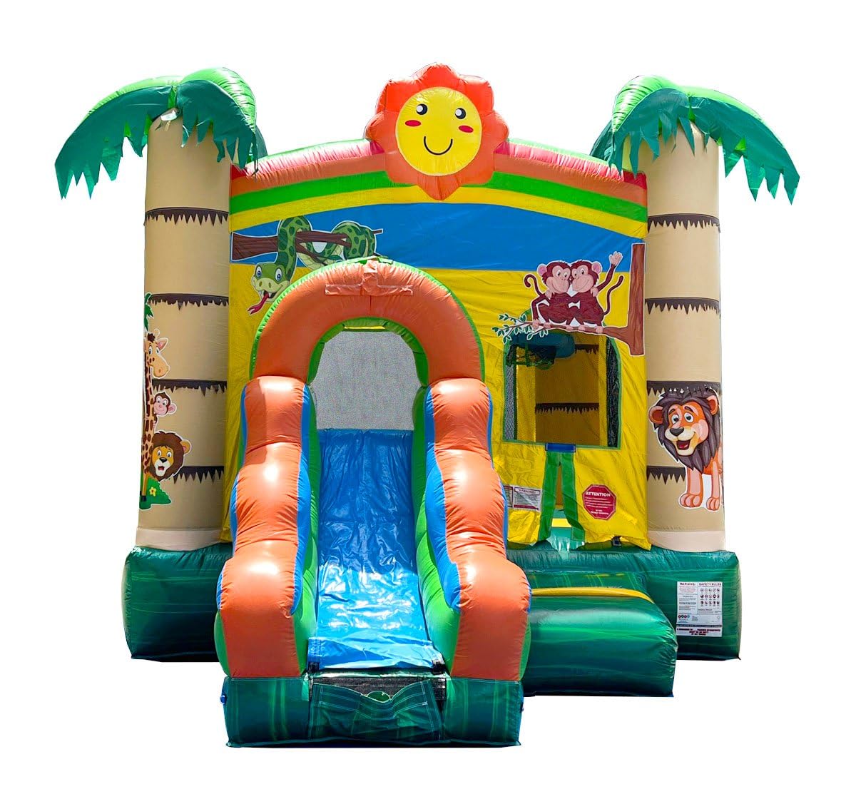 Inflatable Bounce House with Slide for Kids 12 x 12 x 18 Foot - Backyard Tropical Jungle Castle Smiley Face Combo Bouncer, Outdoor Toys, Jumpers for Kids - Includes: Blower, Stakes, and Storage Bag