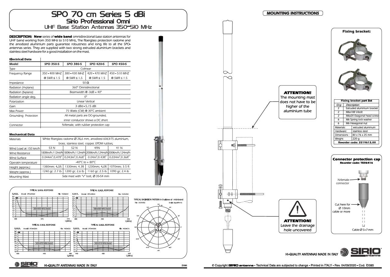 SIRIO SPO 420-5 Antenne professionnelle de base omnidirectionnelle 5DB 420-470 MHz