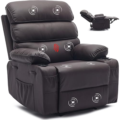 PU Leather Recliner Chair with Heat & 8-Point Massage, Extra Wide Manual Recliner for Adults, q235 Steel Frame, Side Pockets, 1.5X Comfort Arm & Back, Lazy Boy Sofa for Living Room - Dark Brown