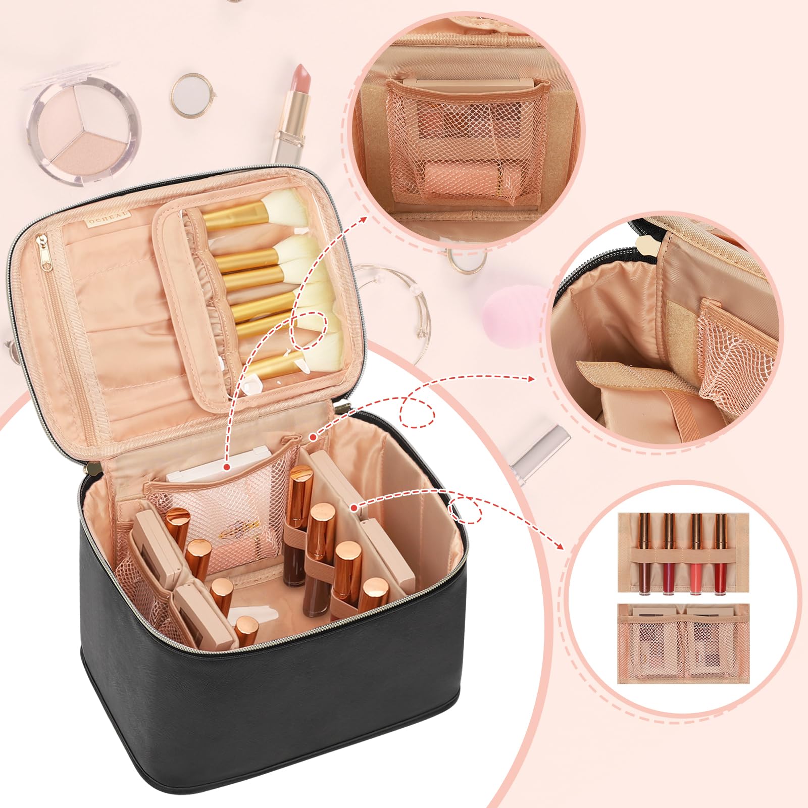 OCHEAL Travel Makeup Bag, Cosmetic Bags for Women Makeup Case Organizer Large Capacity Travel Toiletry Bag Storage Bags with Divider and Handle for Cosmetics Toiletries Brushes Tools-Large, Black : Beauty