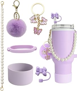 6 Pieces Stanley Cup Accessories, Tumbler Accessories Set with Straw Cap, Pearl Chain Handle, Silicone Straw Cover, Keychain Charms for Stanley Sipper (Purple)