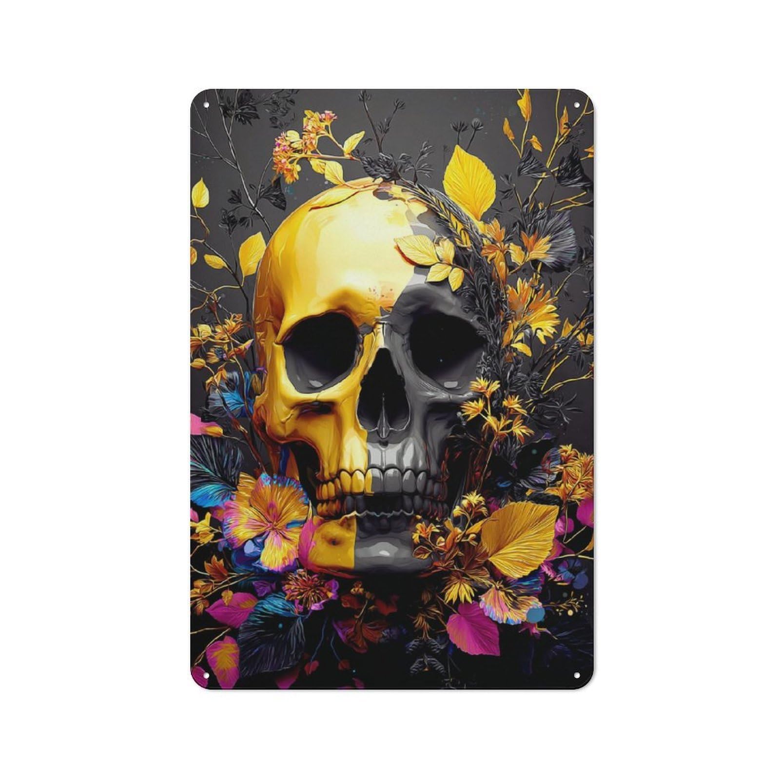 Junmoney Golden Skull With Flowers Artwork Decorative Metal Wall Decor 30X20cm, Vintage Metal Sign For Hallway, Home Bar, Garage Or Study
