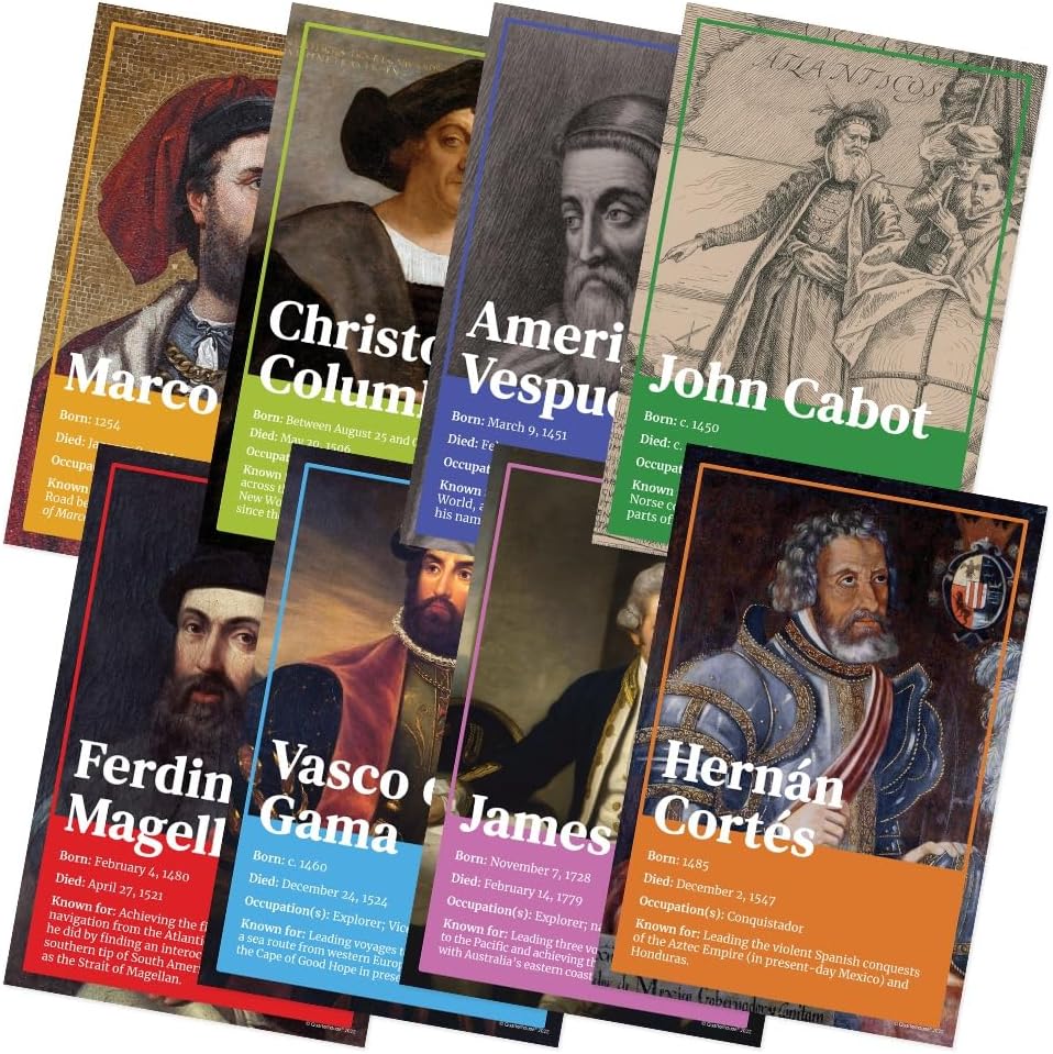 Quarterhouse 8 Poster Famous Explorers Set, Social Studies Classroom Learning Materials for K-12 Students and Teachers, 12 x 18 Inches, Made in USA