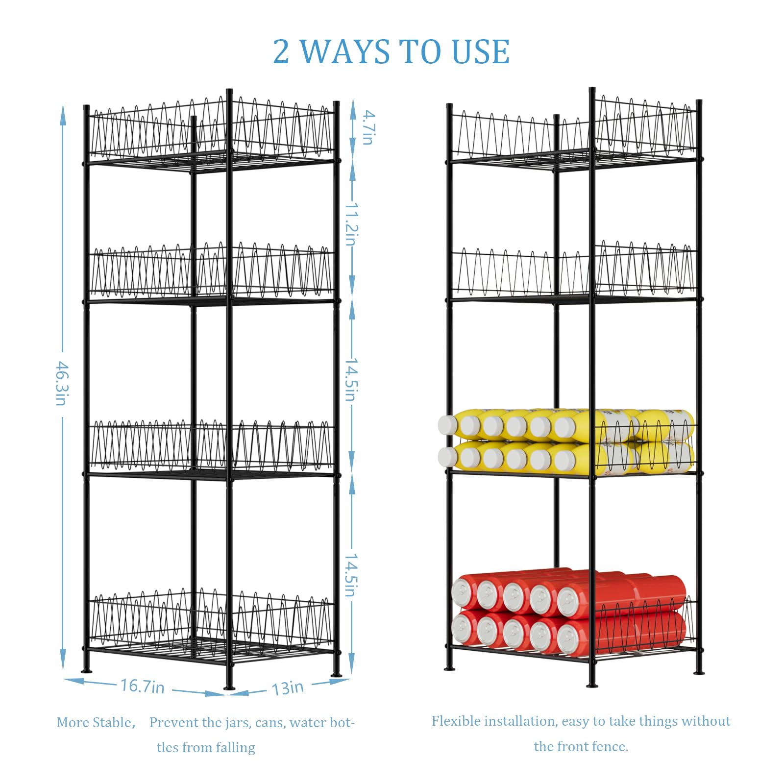 smusei Water Bottle Organizer Rack 4 Tier Free Standing Bottled Water Storage Organizer for Floor, Metal Beverage Soda Can Dispenser Shelf Holder Stand for Kitchen Pantry Office, Black