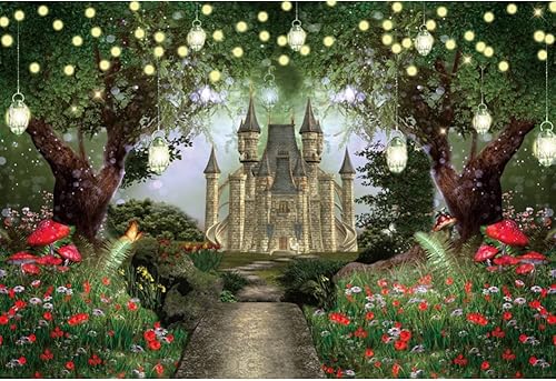 Miniatura 1 de Renaiss Telón de fondo de vinilo de 5 x 3 pies, castillo medieval antiguo en el bosque de hadas, el país de las maravillas con luces brillantes,