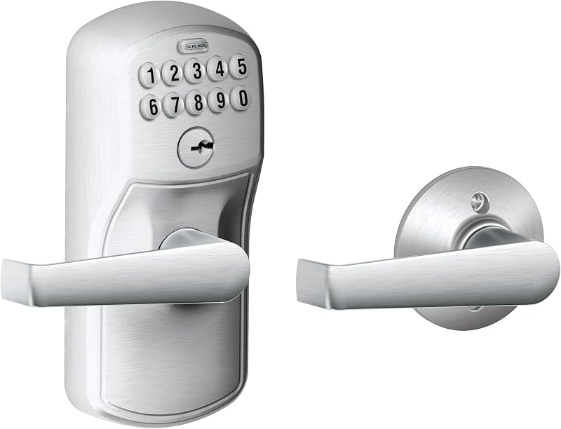 Cerradura electrónica con teclado, manija de palanca, detalles Camelot, cromo satinado | Cerradura de puerta con teclado y manija, Entrada sin llave, Teclado con botón, Bloqueo automático habilitado, Seguridad certificada, Fácil instalación, FE575