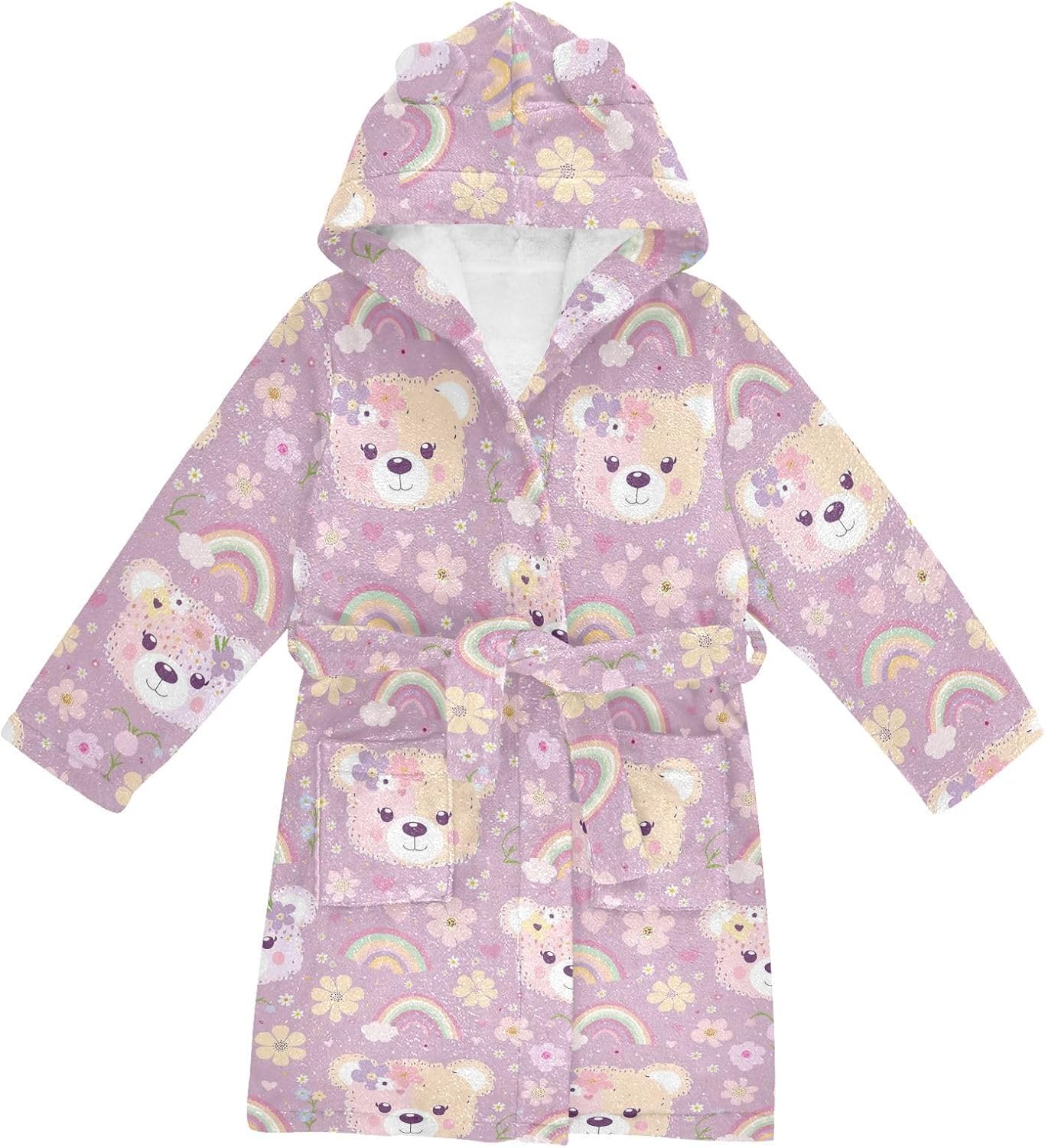 senya Railbow Flower Bear Toddler Hooded Bathrobe Kids Soft Plush Bath Towel Robes for Boys Girls 2-12 Years